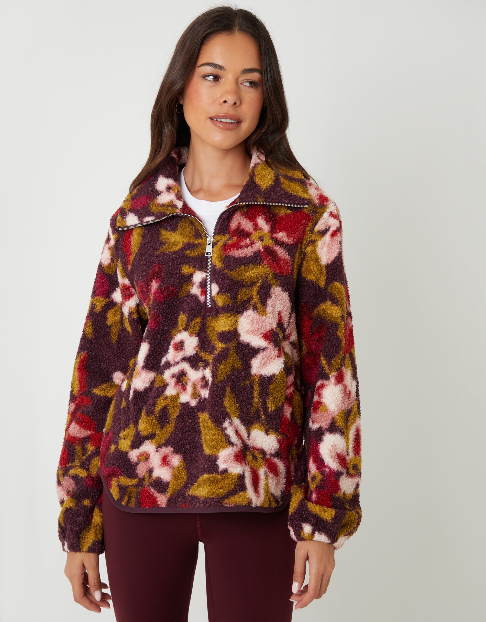 Floral Print Quarter Zip Fleece in Red
