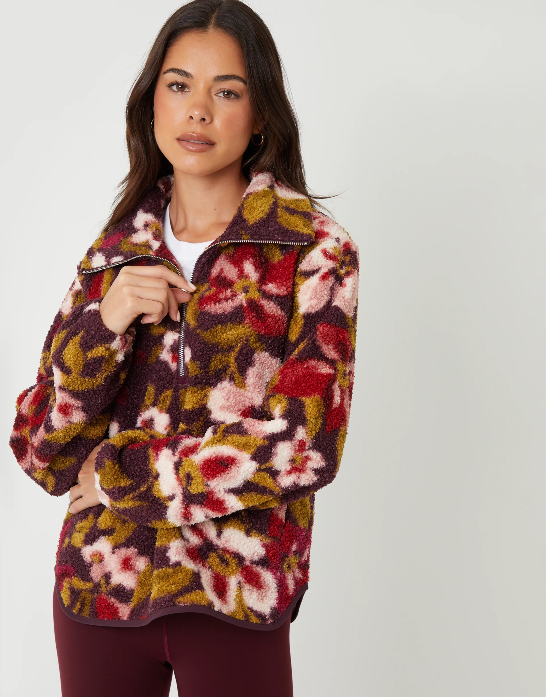 Floral Print Quarter Zip Fleece in Red - Image 4