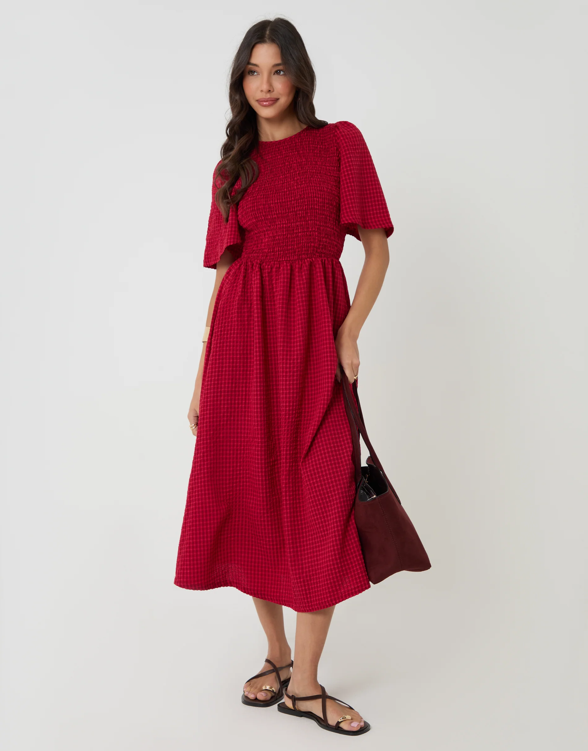 Angel Sleeve Midaxi Dress in Red Gingham