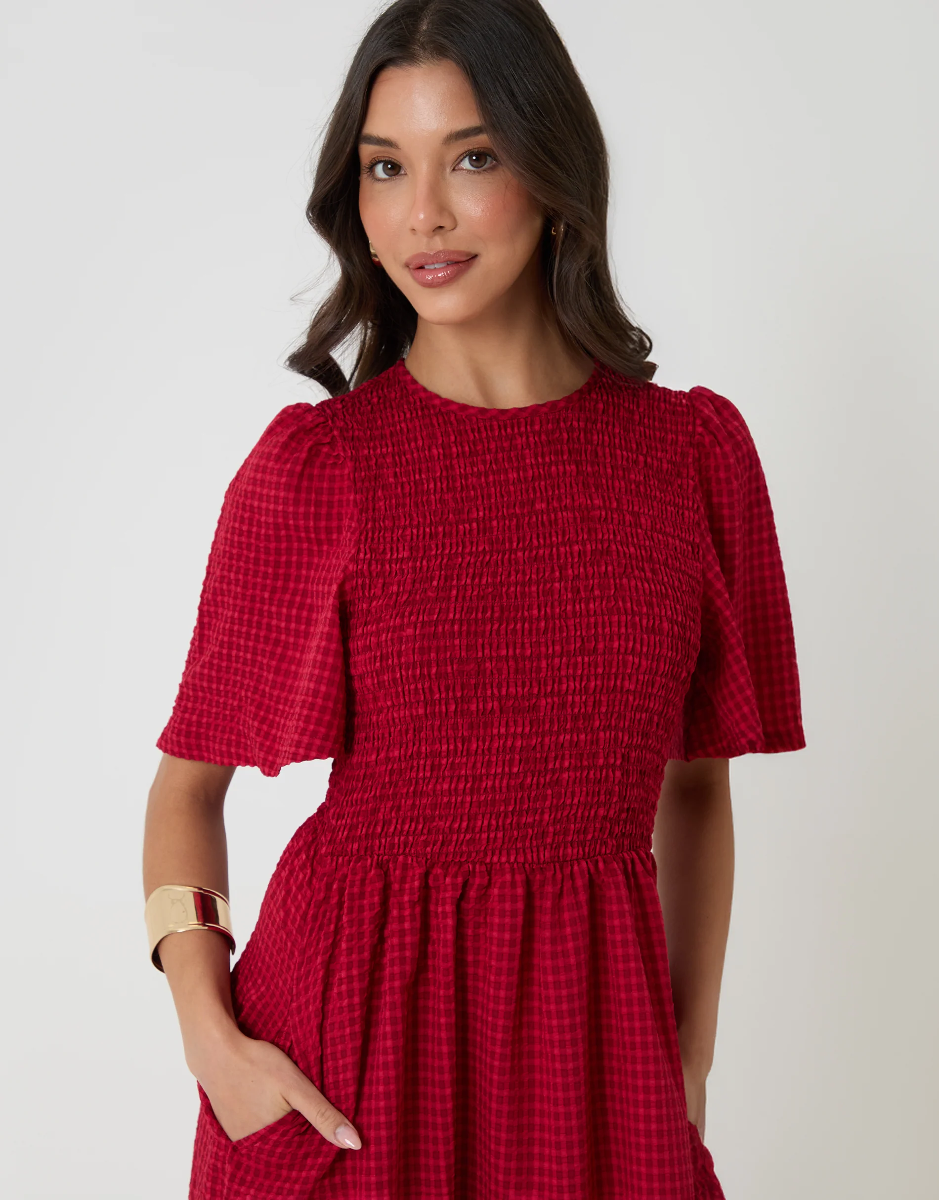 Angel Sleeve Midaxi Dress in Red Gingham - Image 3