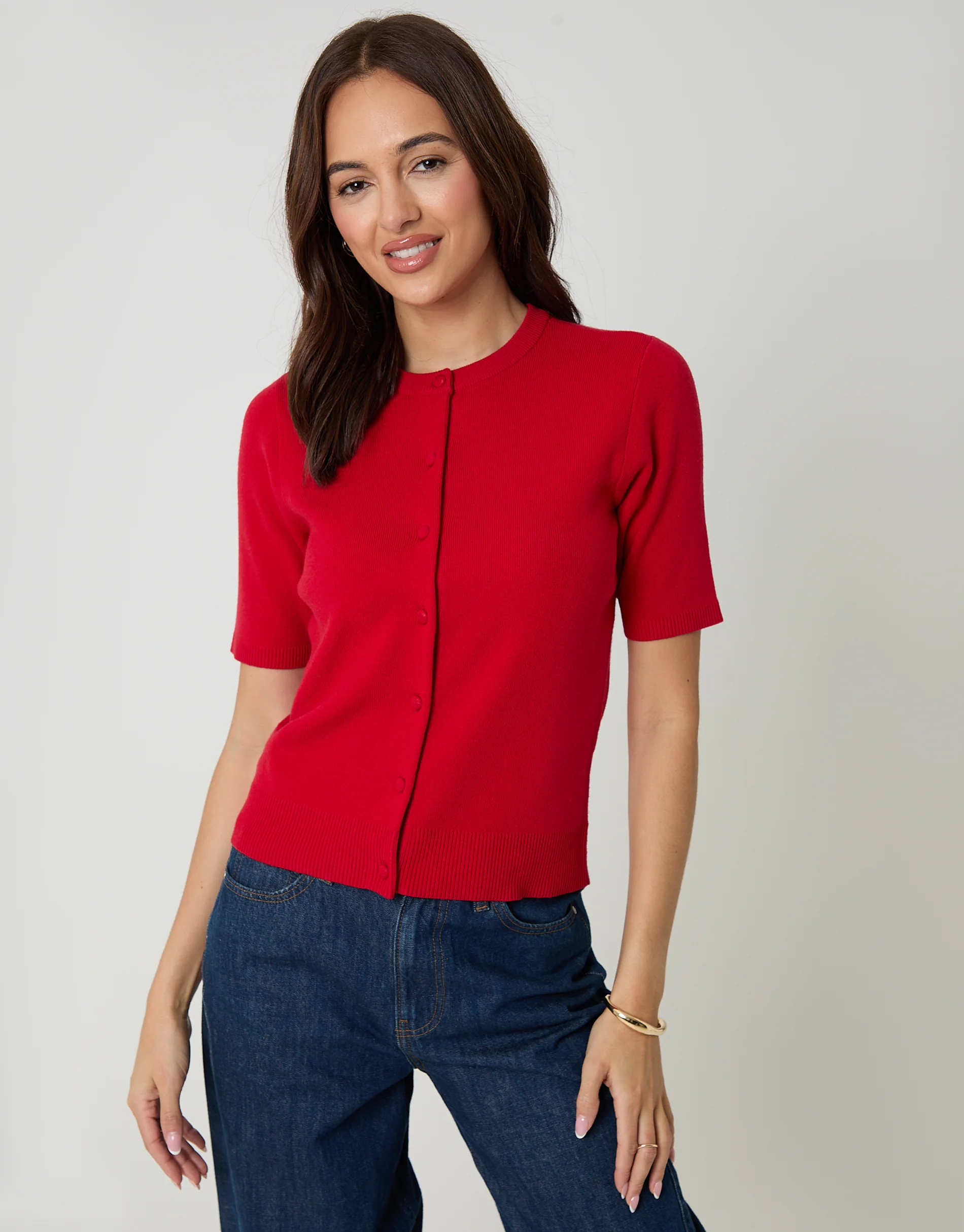Jacquard Knit Short Sleeve Cardigan in Red