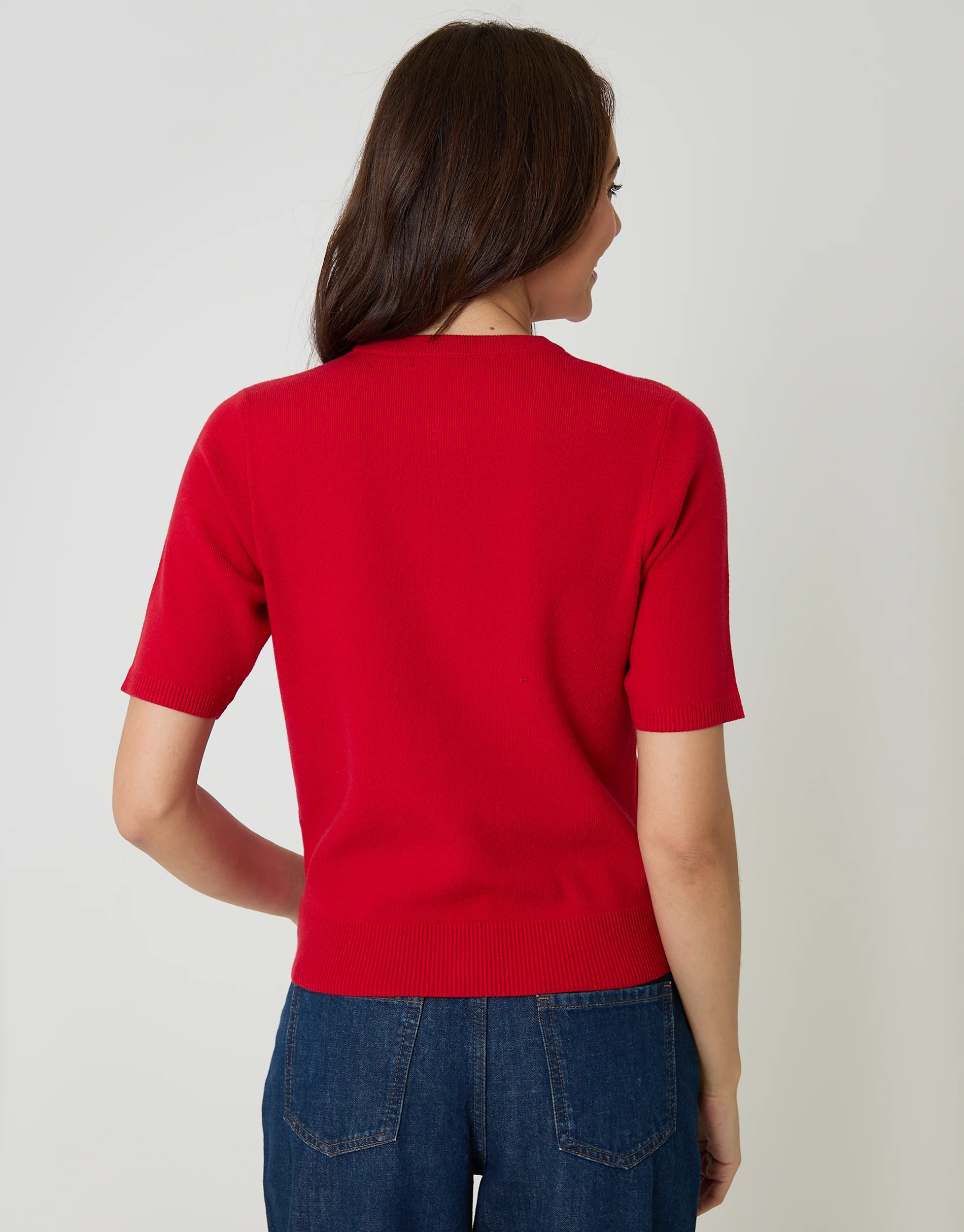 Jacquard Knit Short Sleeve Cardigan in Red - Image 3