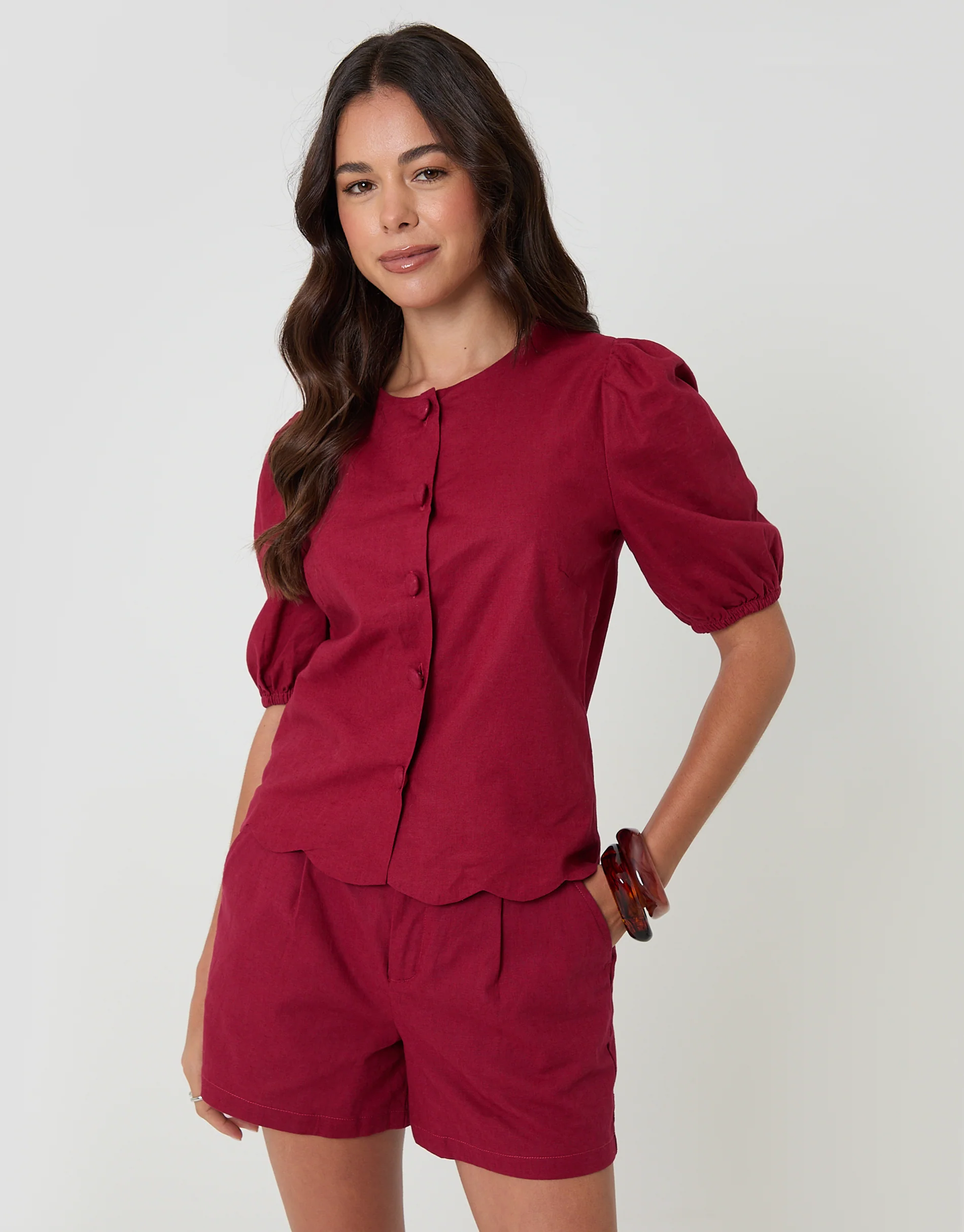 Linen Blend Puff Sleeve Top in Red - Image 5
