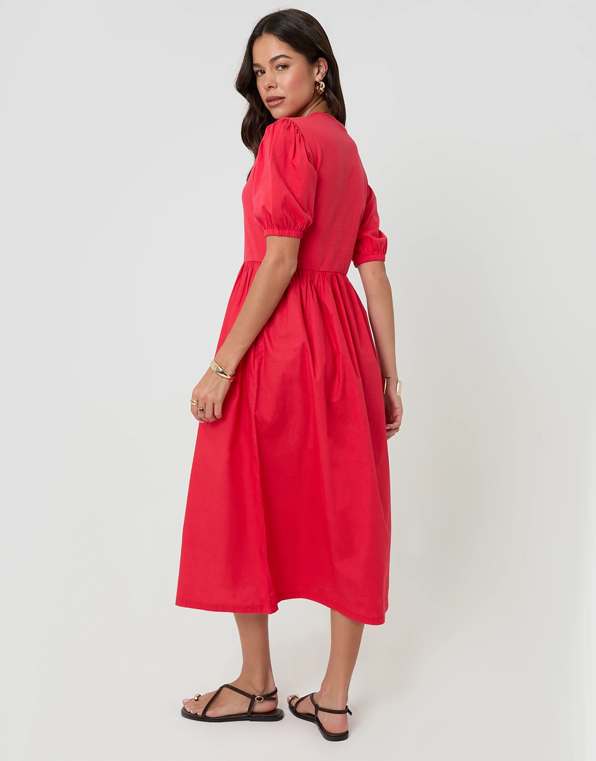 Puff Sleeve Jersey Poplin Mix Maxi Dress in Red - Image 2