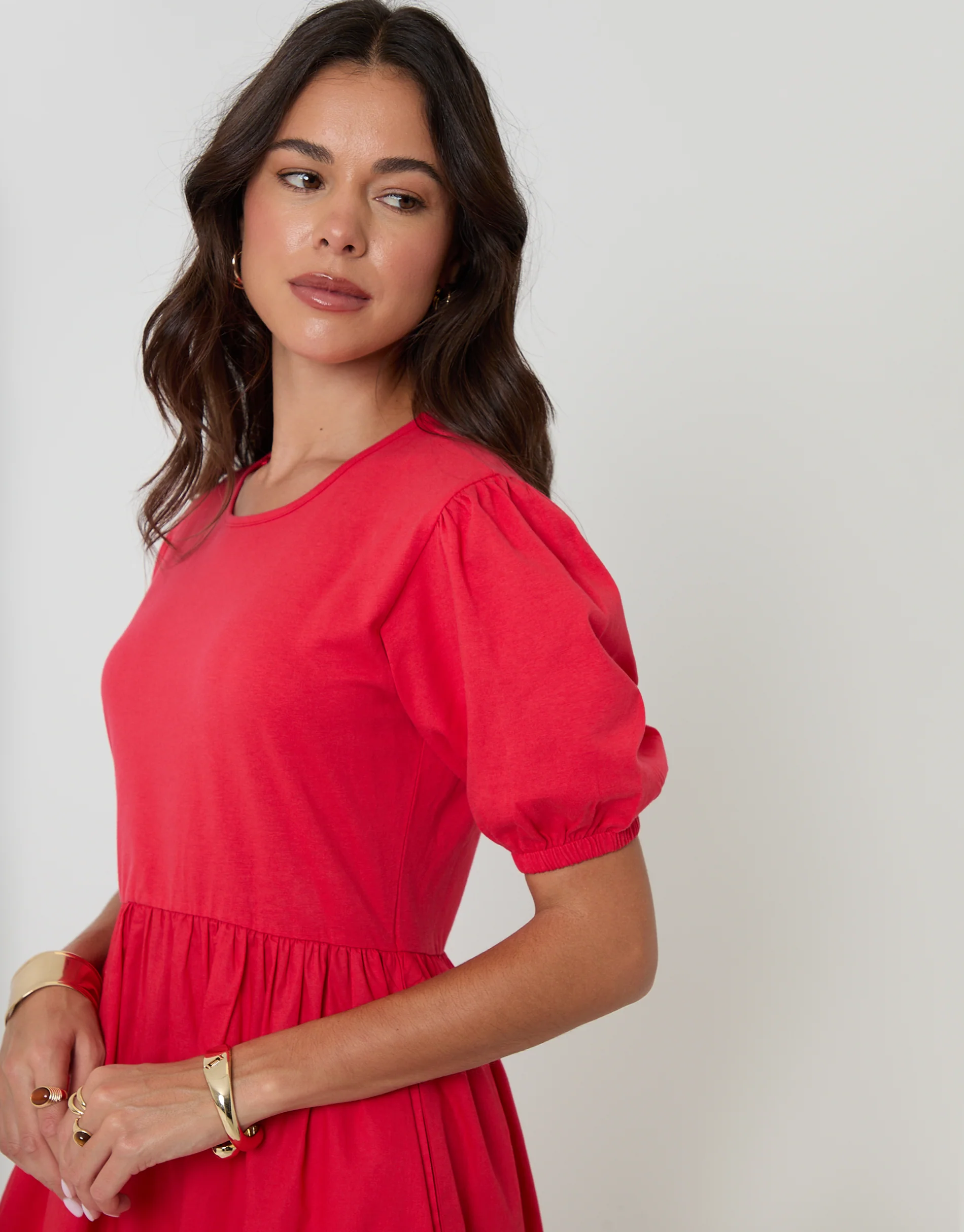 Puff Sleeve Jersey Poplin Mix Maxi Dress in Red - Image 4