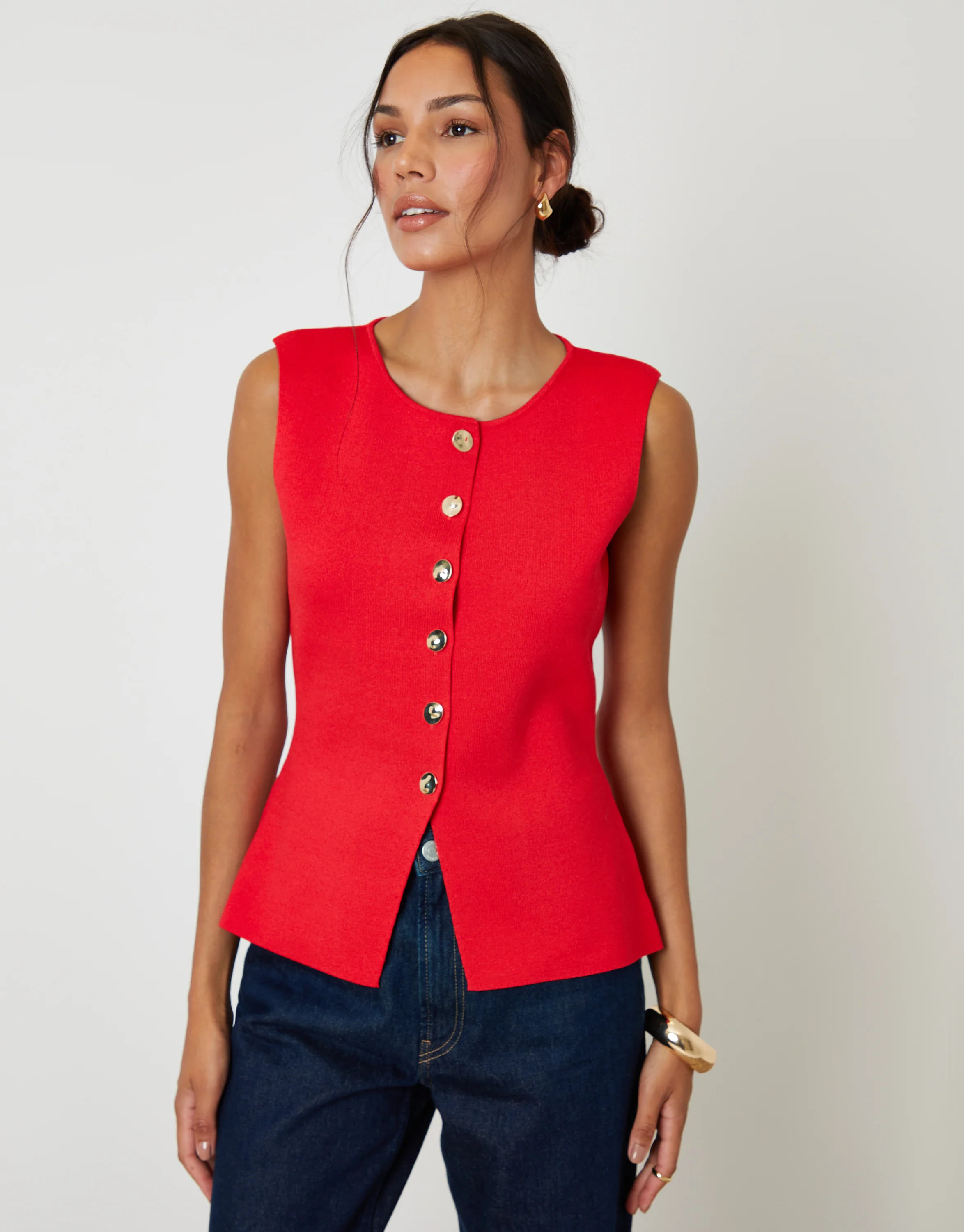 Ribbed Knitted Waistcoat in Red