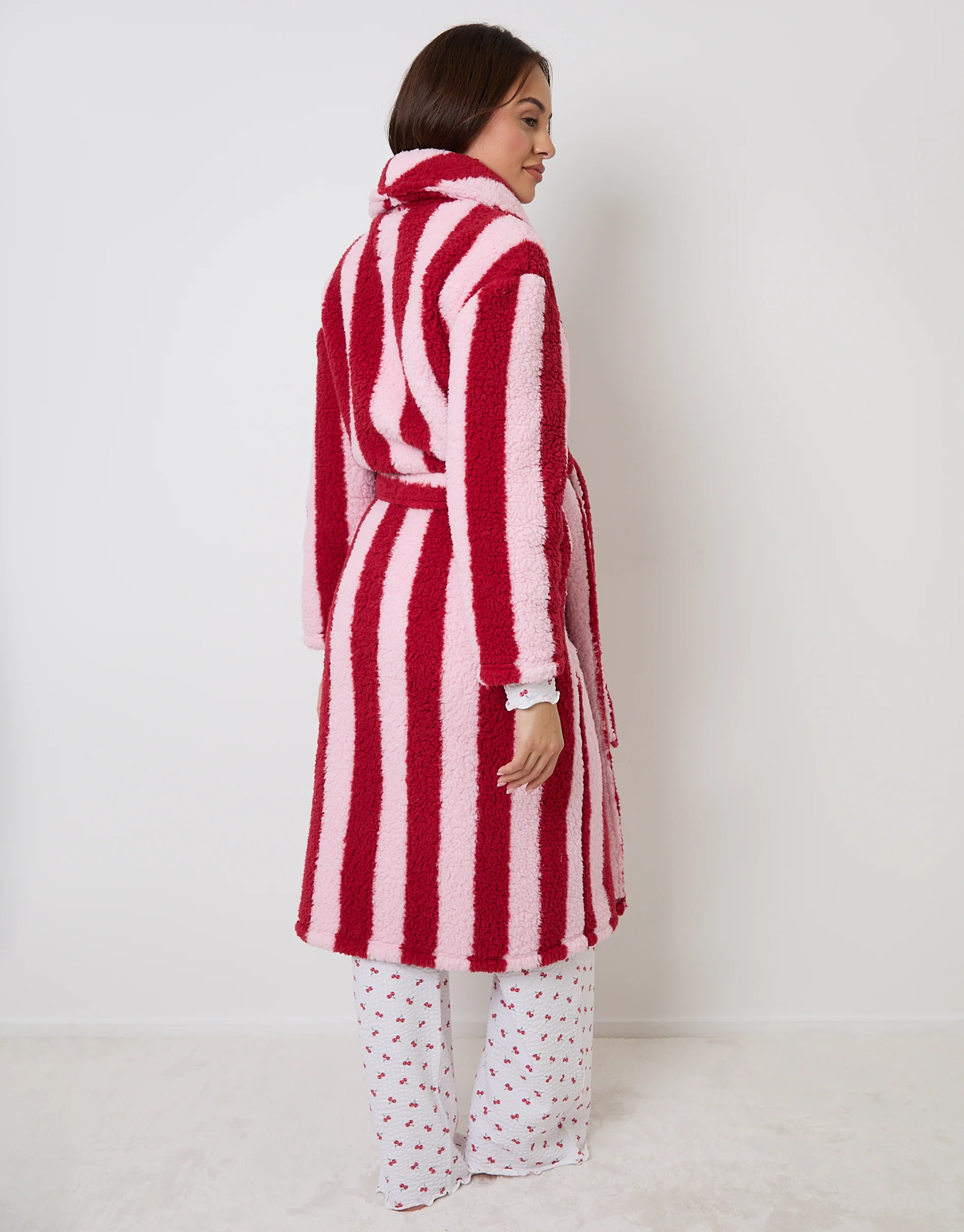 Stripe Borg Dressing Gown in Red - Image 2