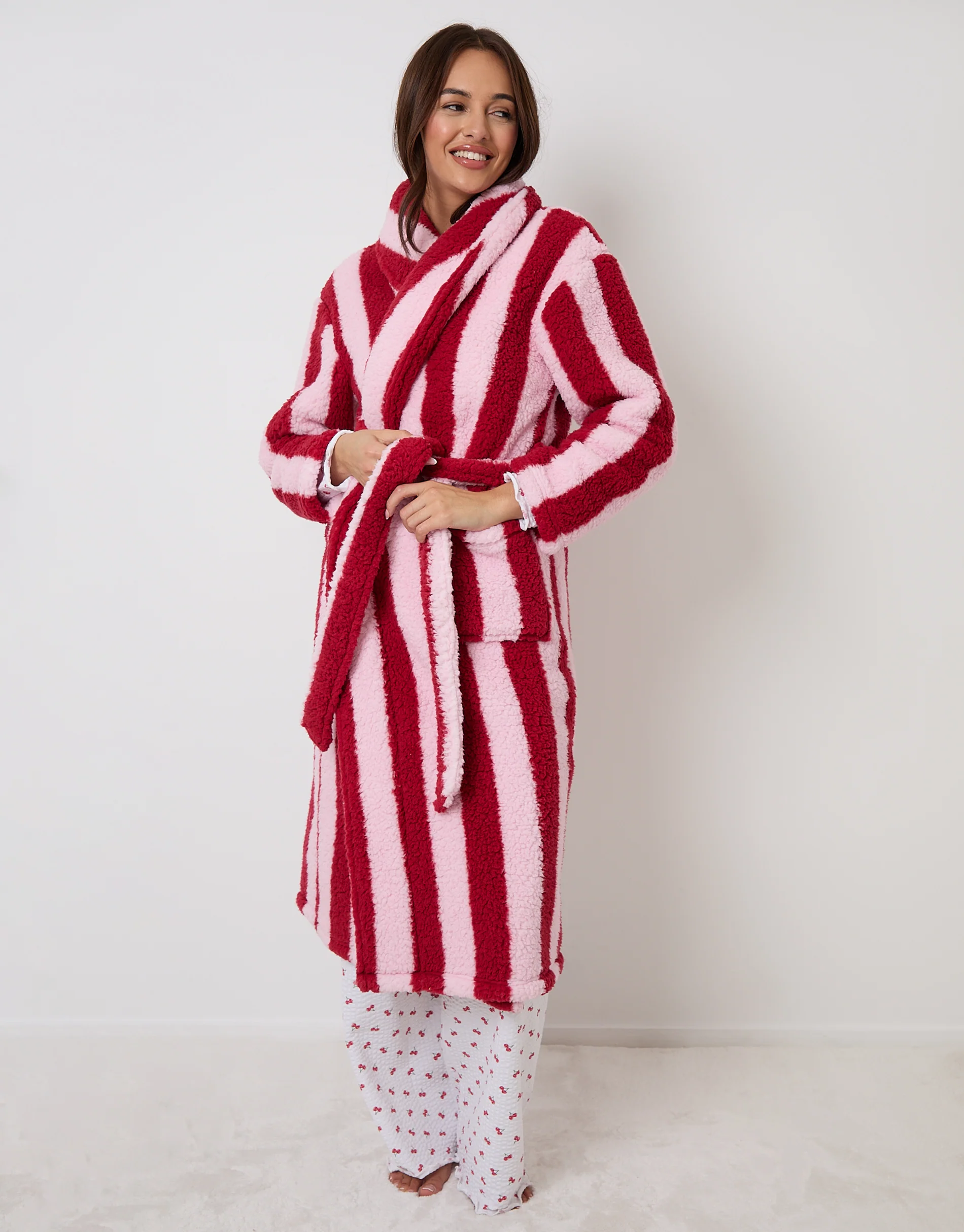 Stripe Borg Dressing Gown in Red - Image 4