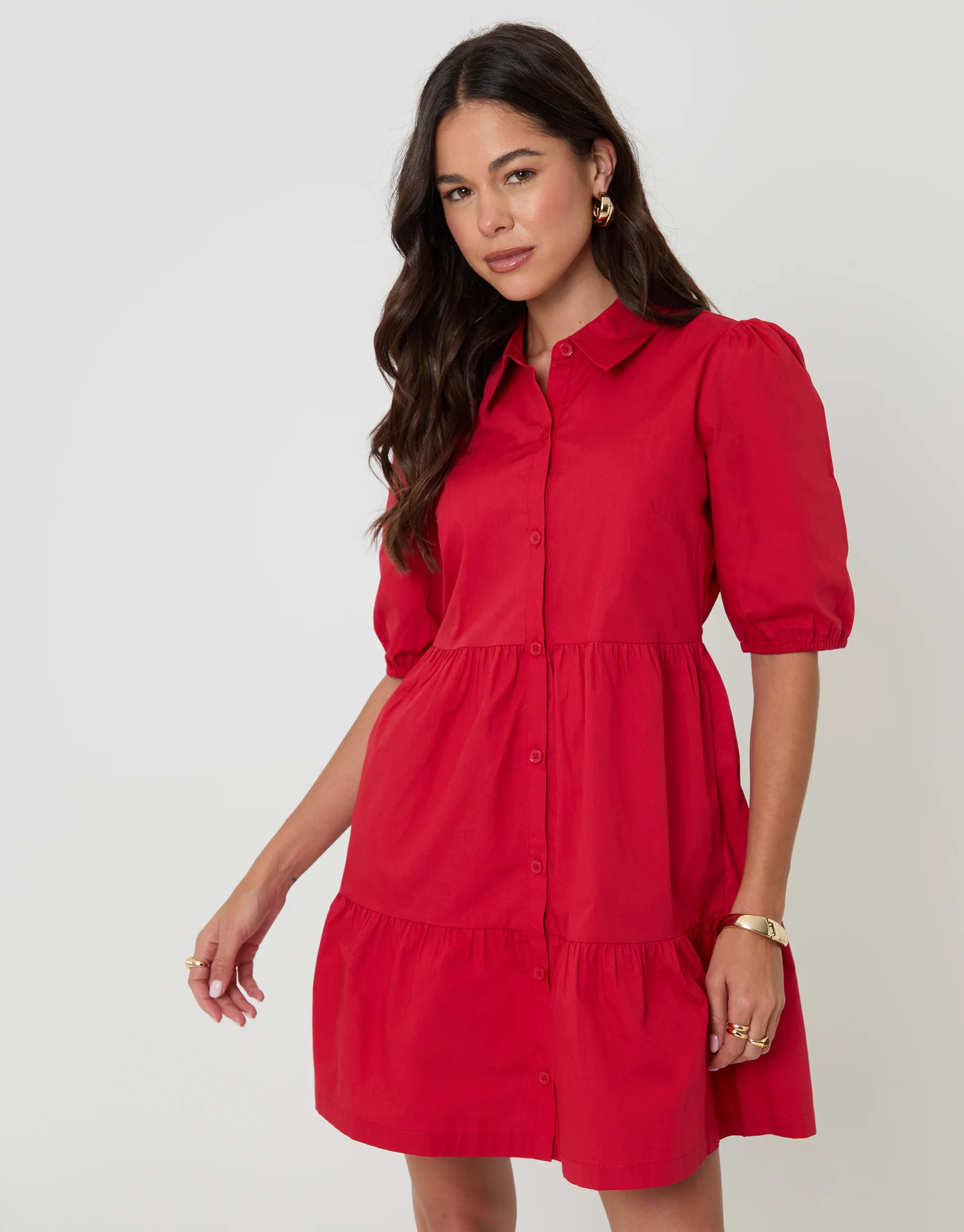 Tiered Cotton Poplin Button Up Mini Dress in Red