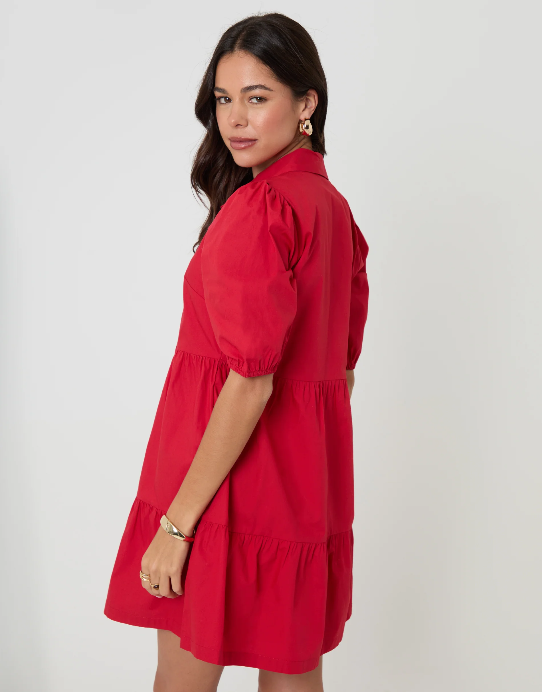 Tiered Cotton Poplin Button Up Mini Dress in Red - Image 2