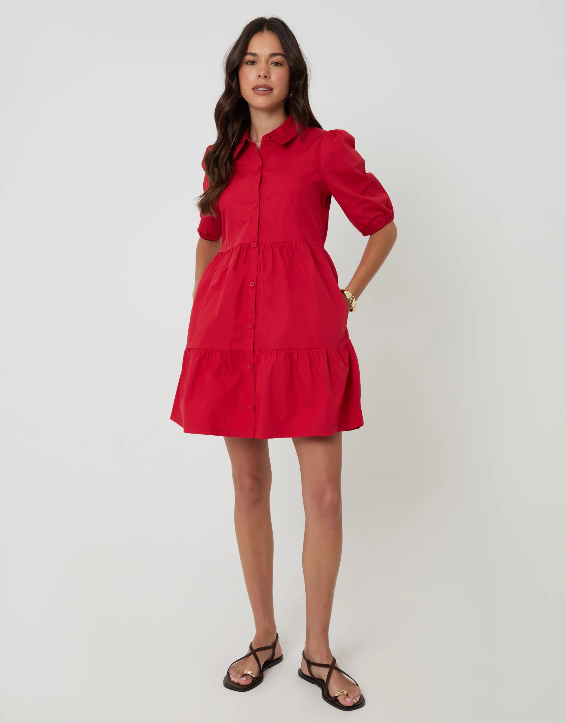 Tiered Cotton Poplin Button Up Mini Dress in Red - Image 3