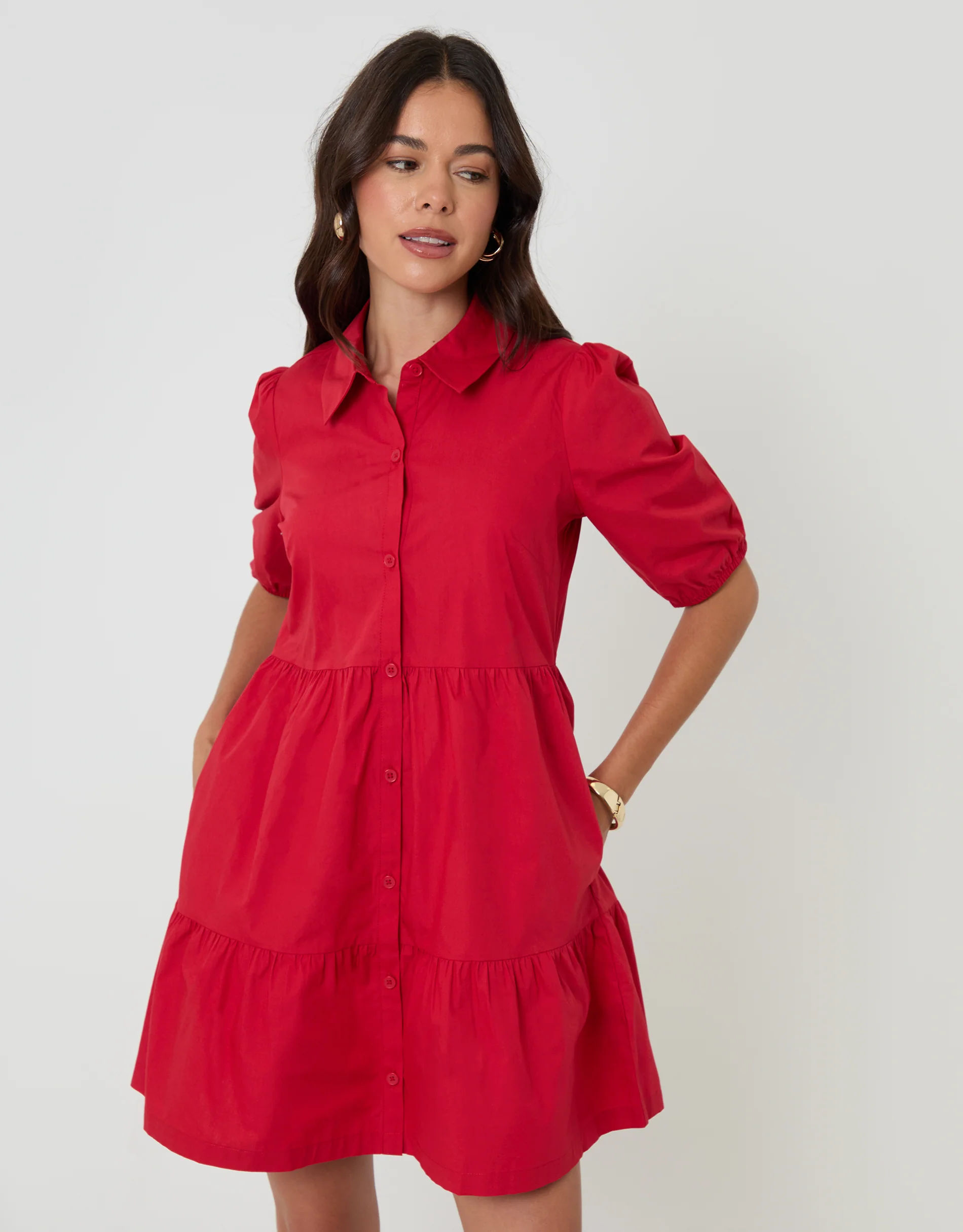 Tiered Cotton Poplin Button Up Mini Dress in Red - Image 5