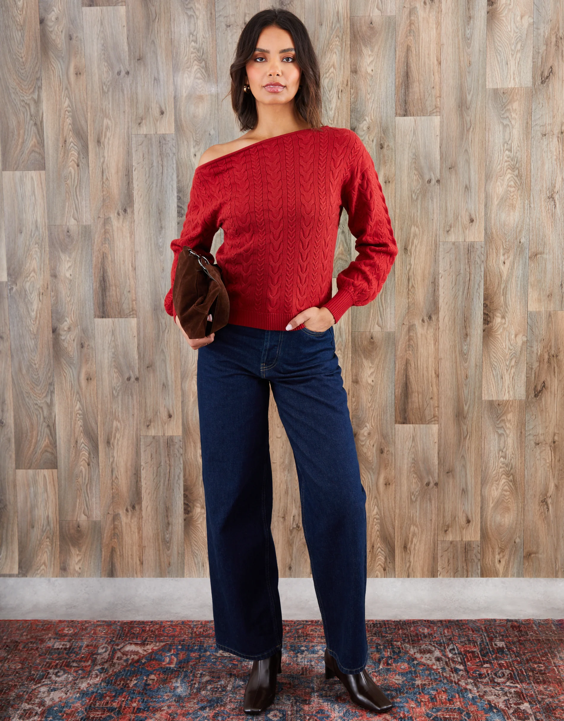 Cable Knit Slash Neck Jumper in Rust Orange - Image 3