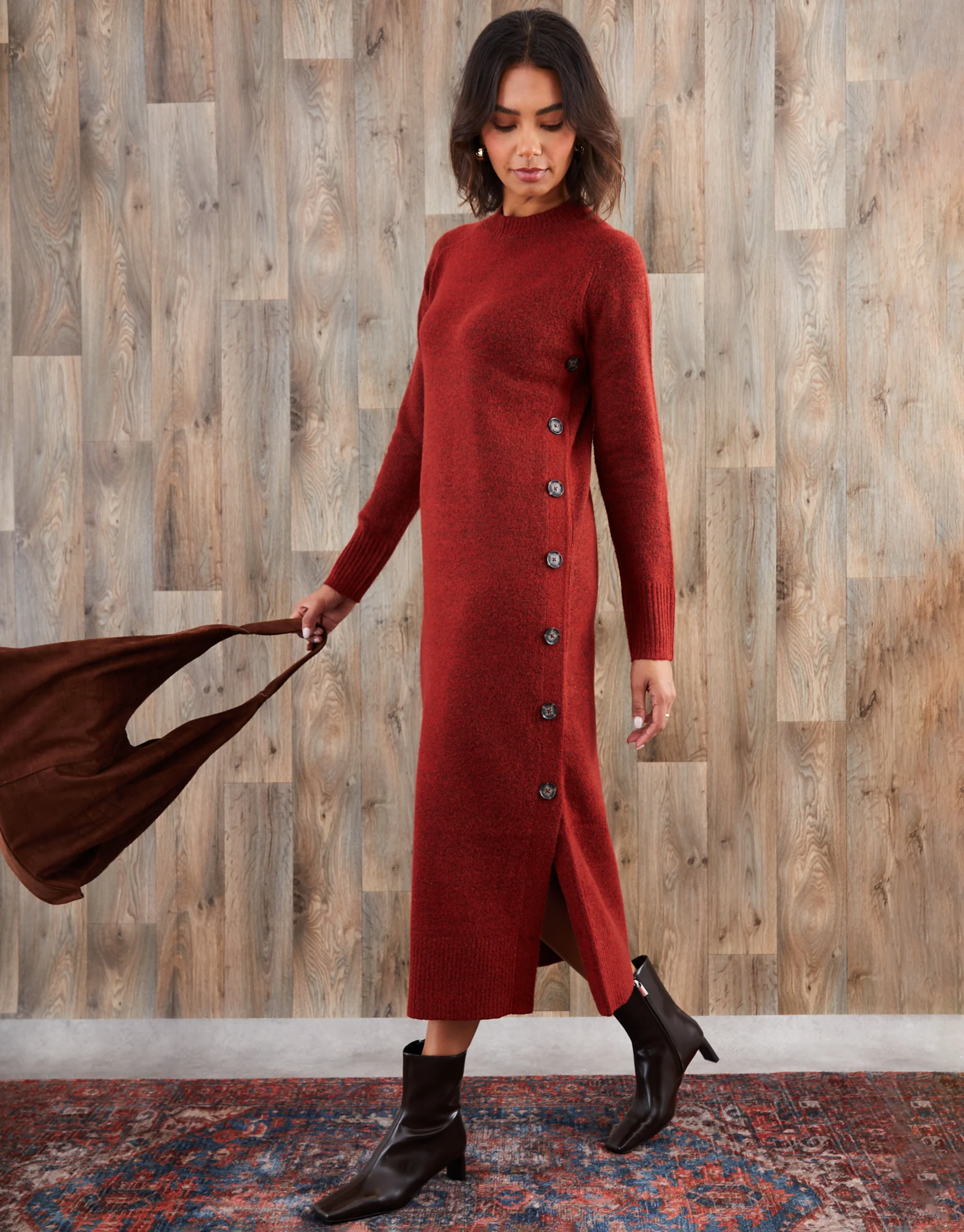 Knitted Side Button Detail Maxi Dress in Rust Orange - Image 2