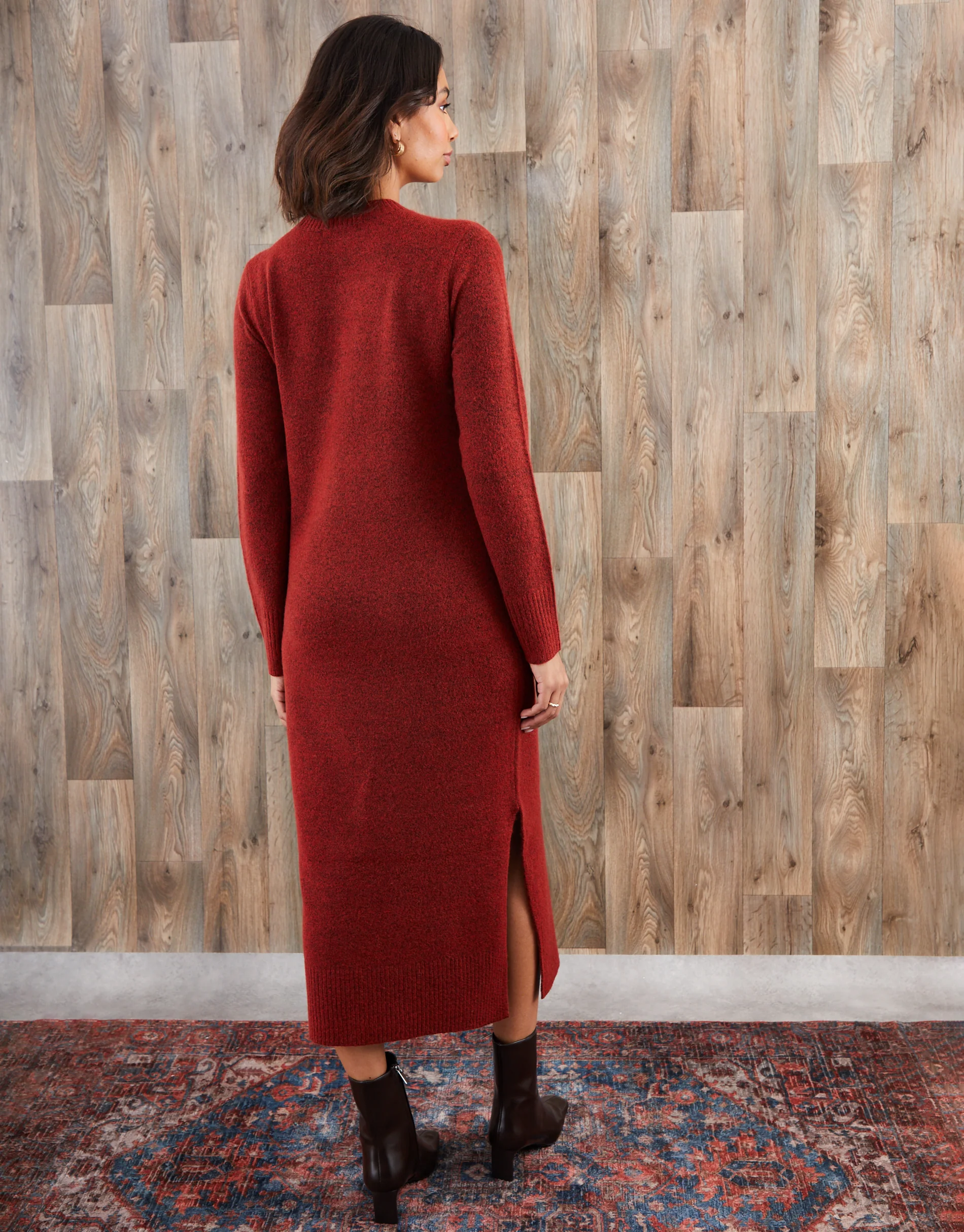 Knitted Side Button Detail Maxi Dress in Rust Orange - Image 3