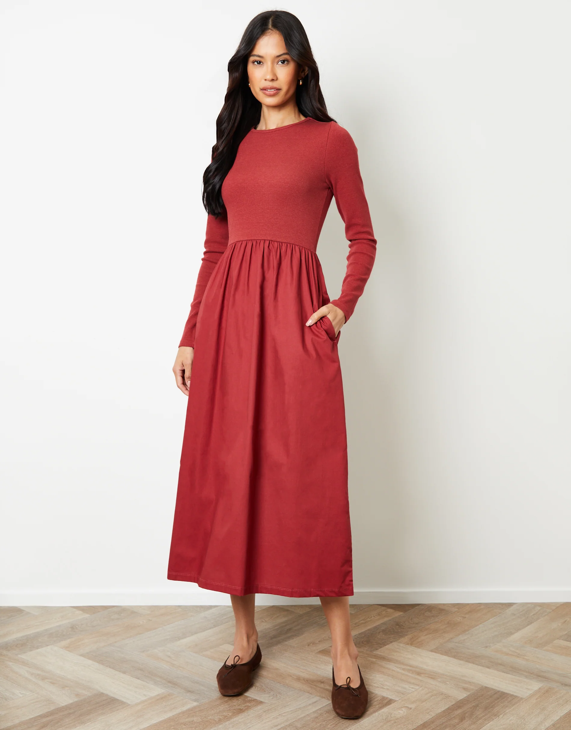 Rib Jersey 2-in-1 Midi Dress with Poplin Skirt in Rust Orange