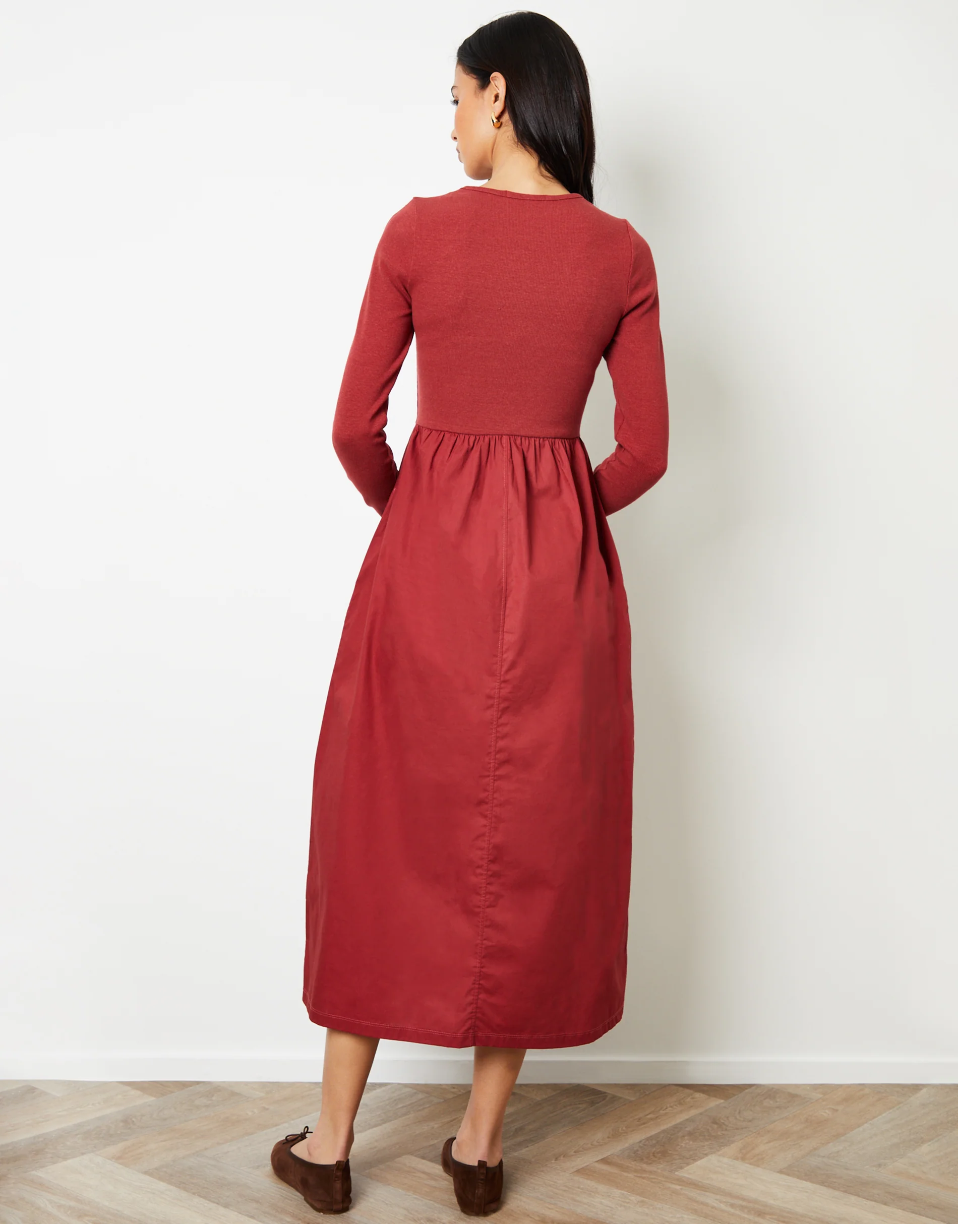 Rib Jersey 2-in-1 Midi Dress with Poplin Skirt in Rust Orange - Image 2