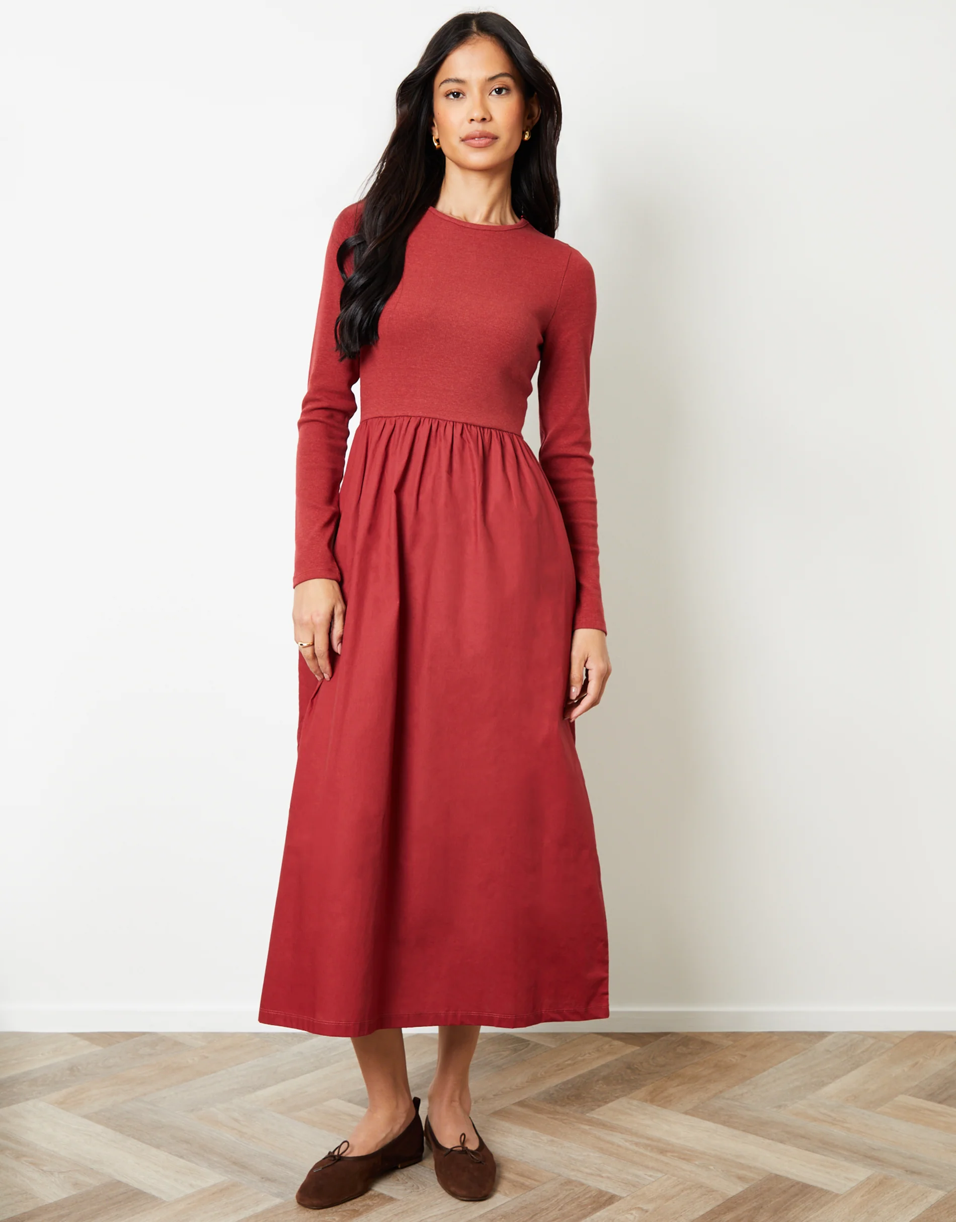 Rib Jersey 2-in-1 Midi Dress with Poplin Skirt in Rust Orange - Image 3