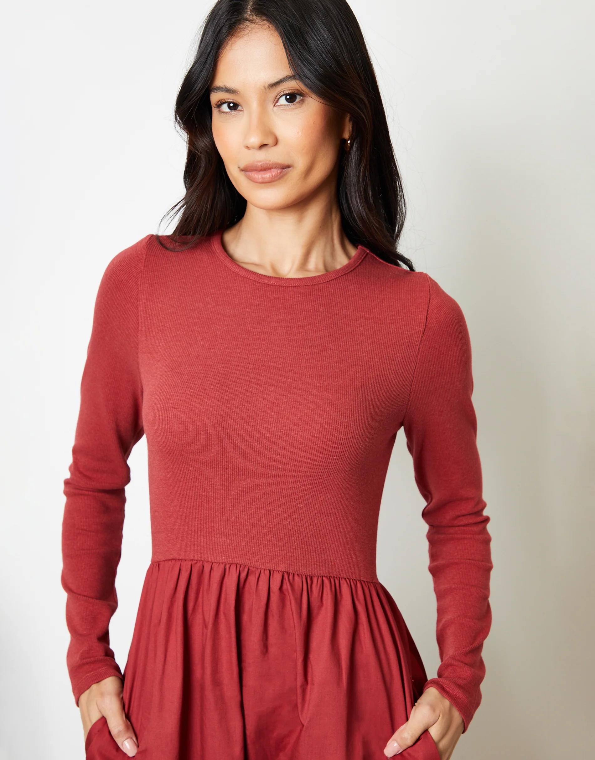 Rib Jersey 2-in-1 Midi Dress with Poplin Skirt in Rust Orange - Image 4