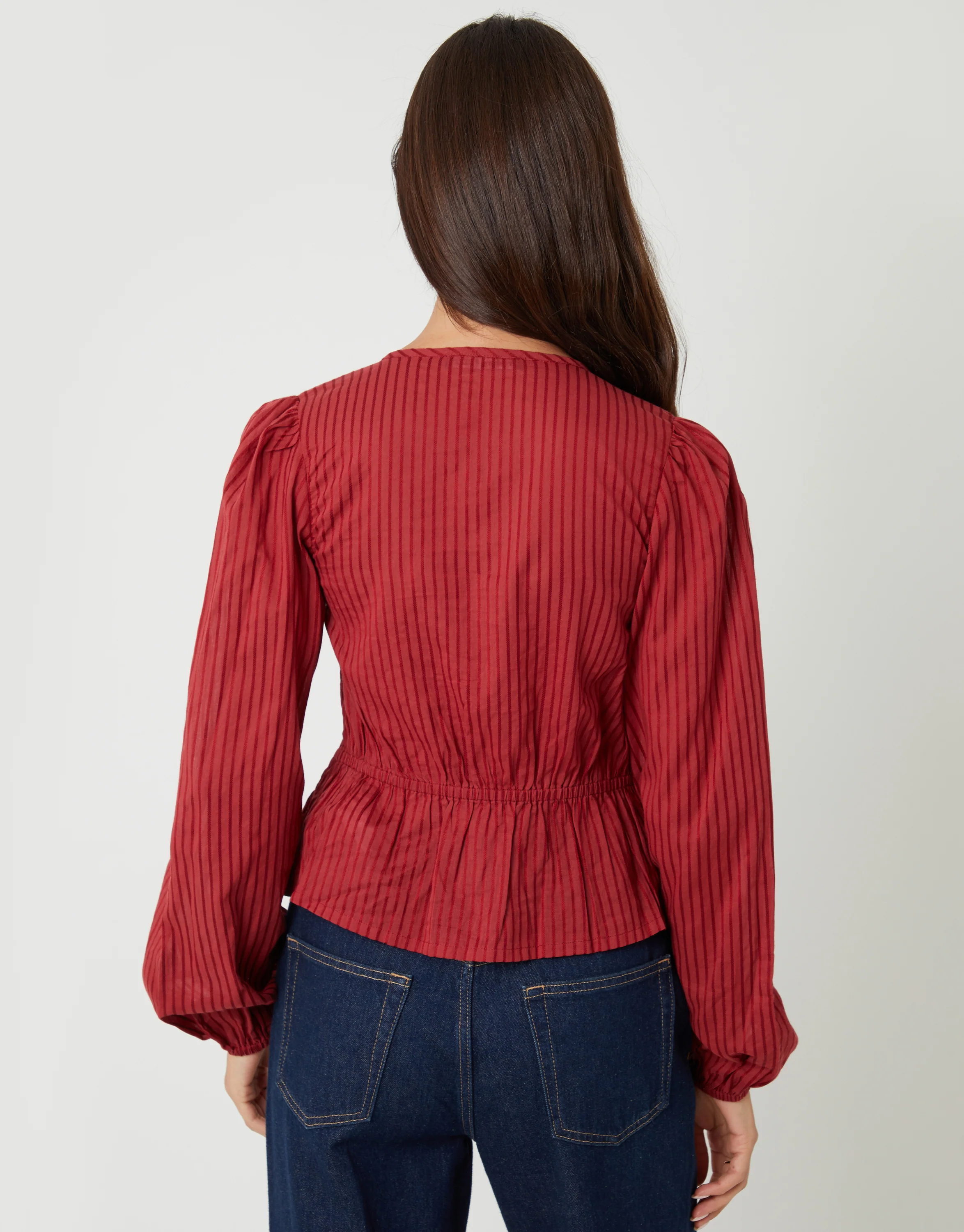 Shirred Dobby Stripe Button Up Blouse in Rust - Image 2