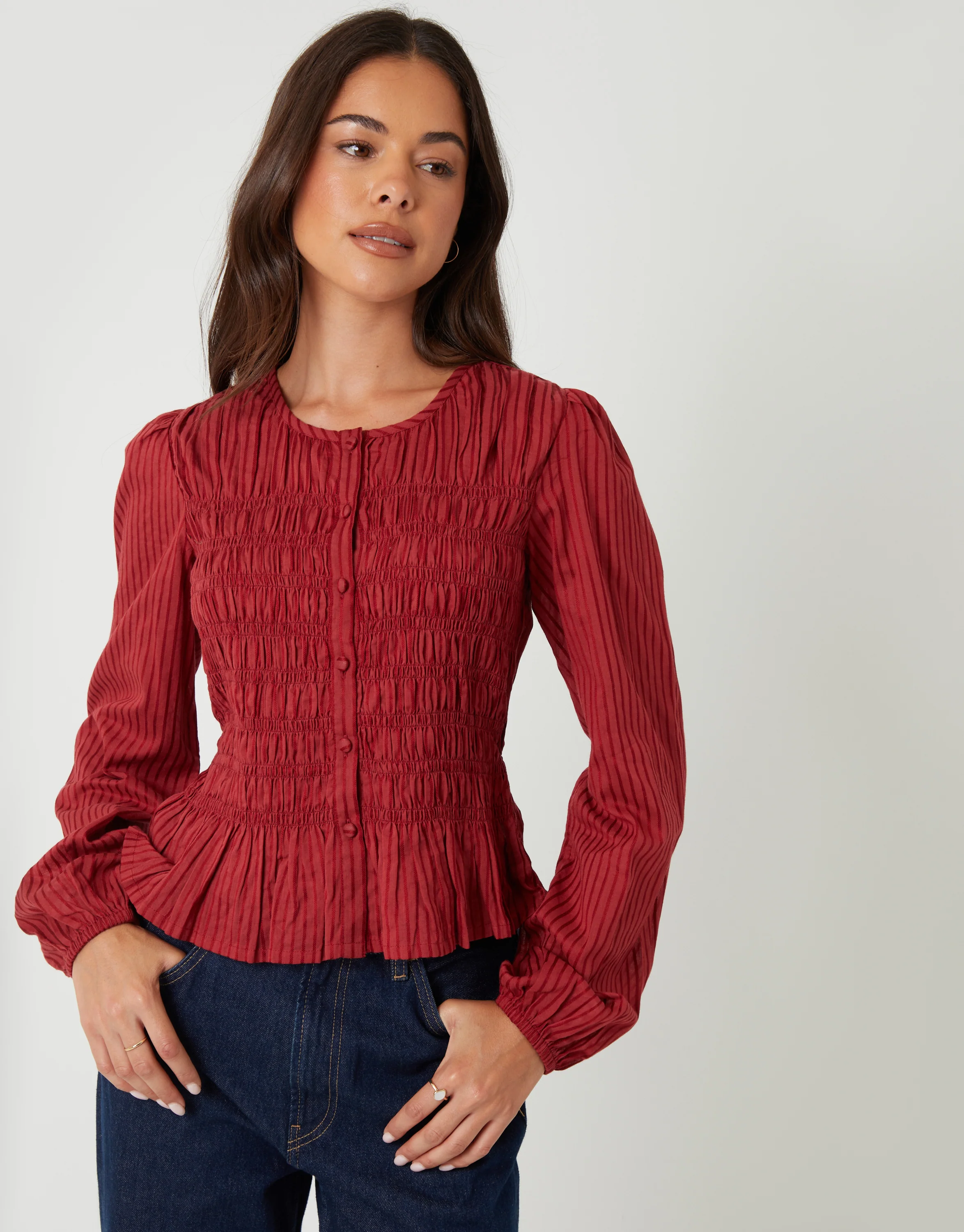 Shirred Dobby Stripe Button Up Blouse in Rust - Image 5