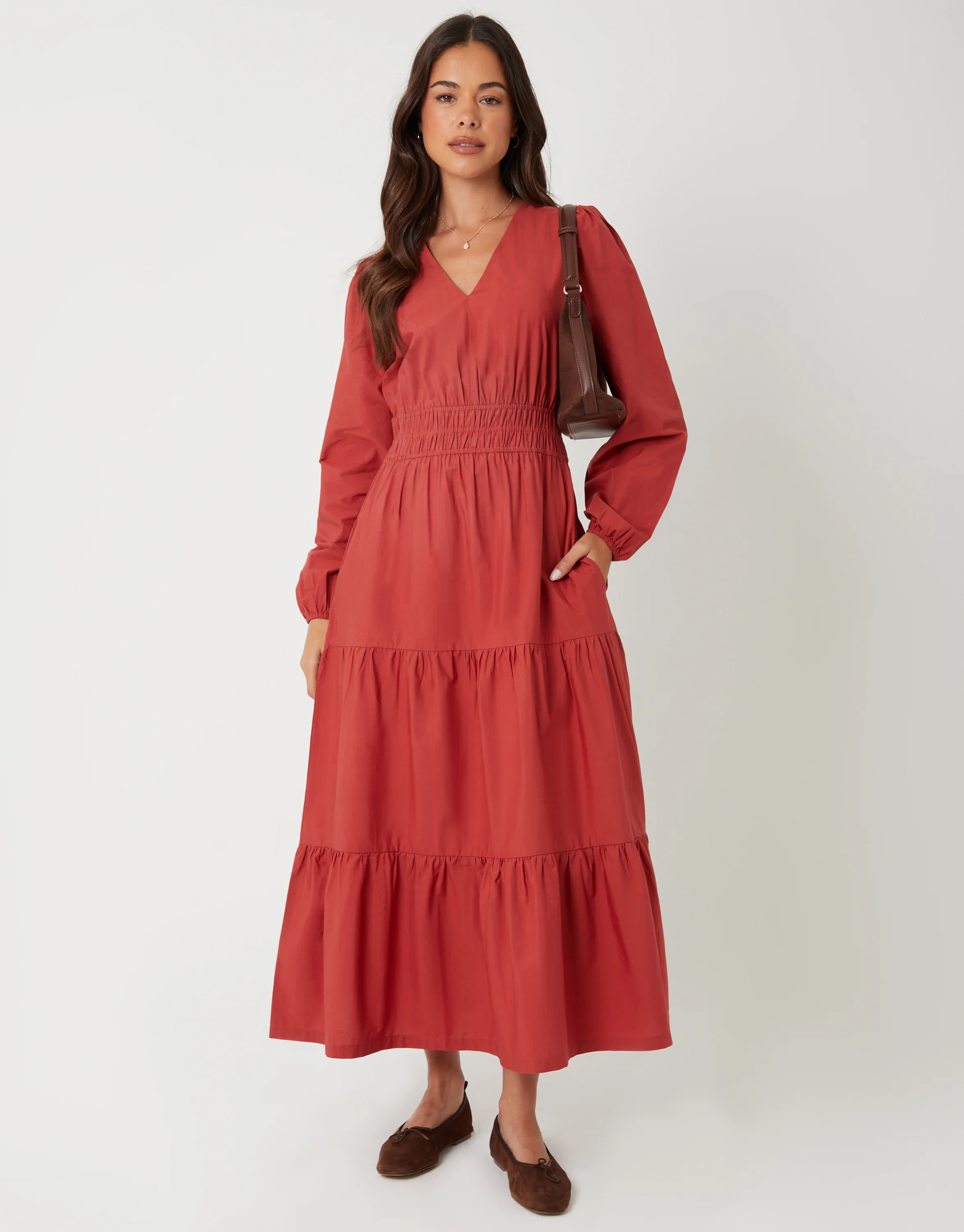 Shirred Waist Long Sleeve Poplin Midaxi Dress in Rust Orange