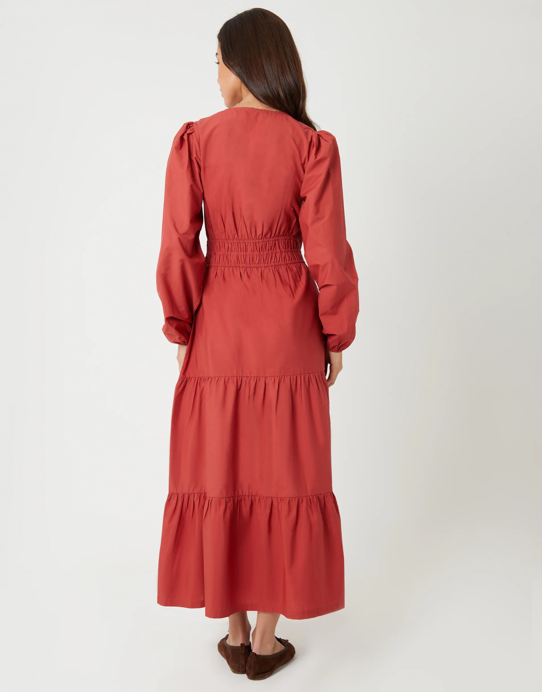 Shirred Waist Long Sleeve Poplin Midaxi Dress in Rust Orange - Image 2