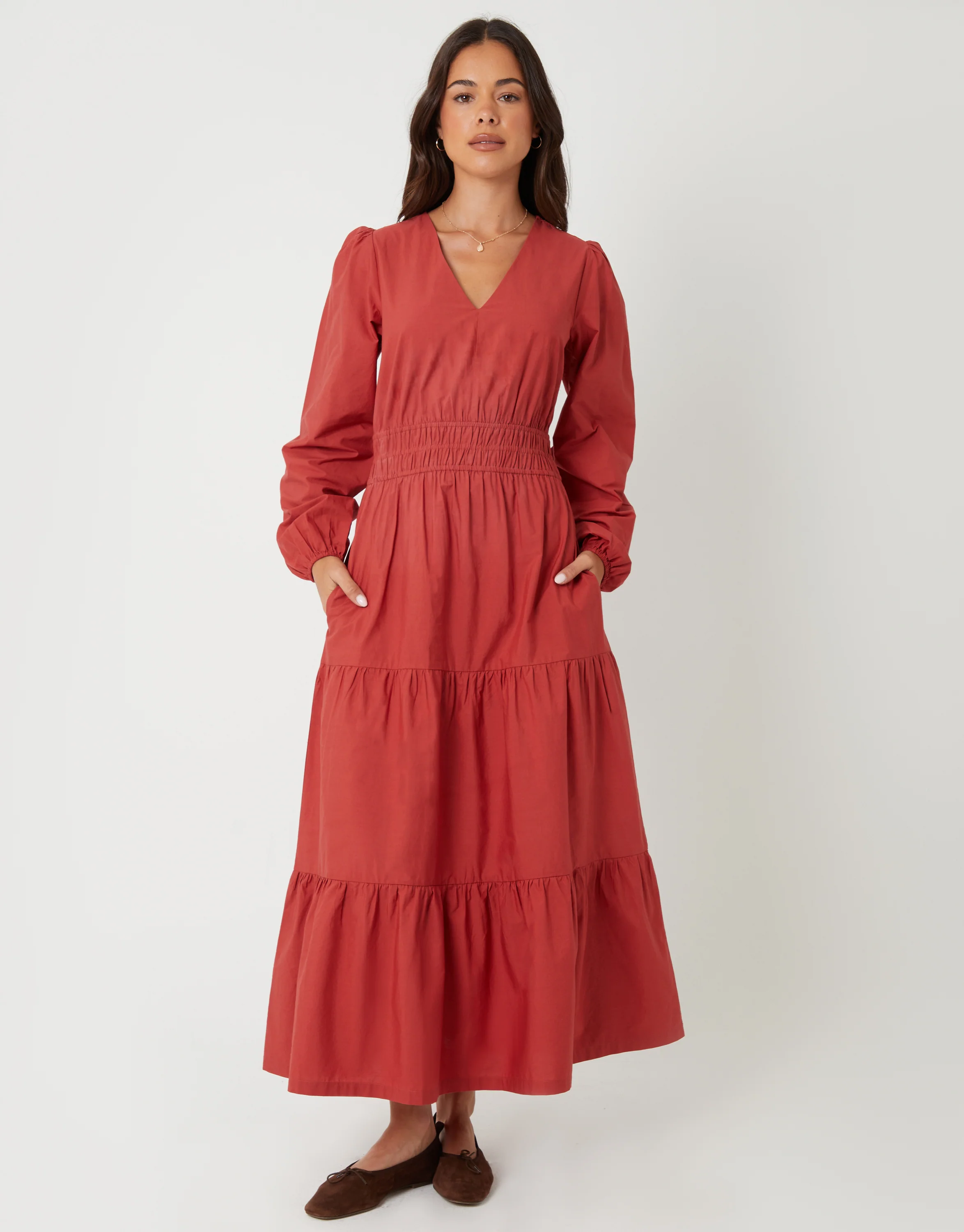 Shirred Waist Long Sleeve Poplin Midaxi Dress in Rust Orange - Image 3