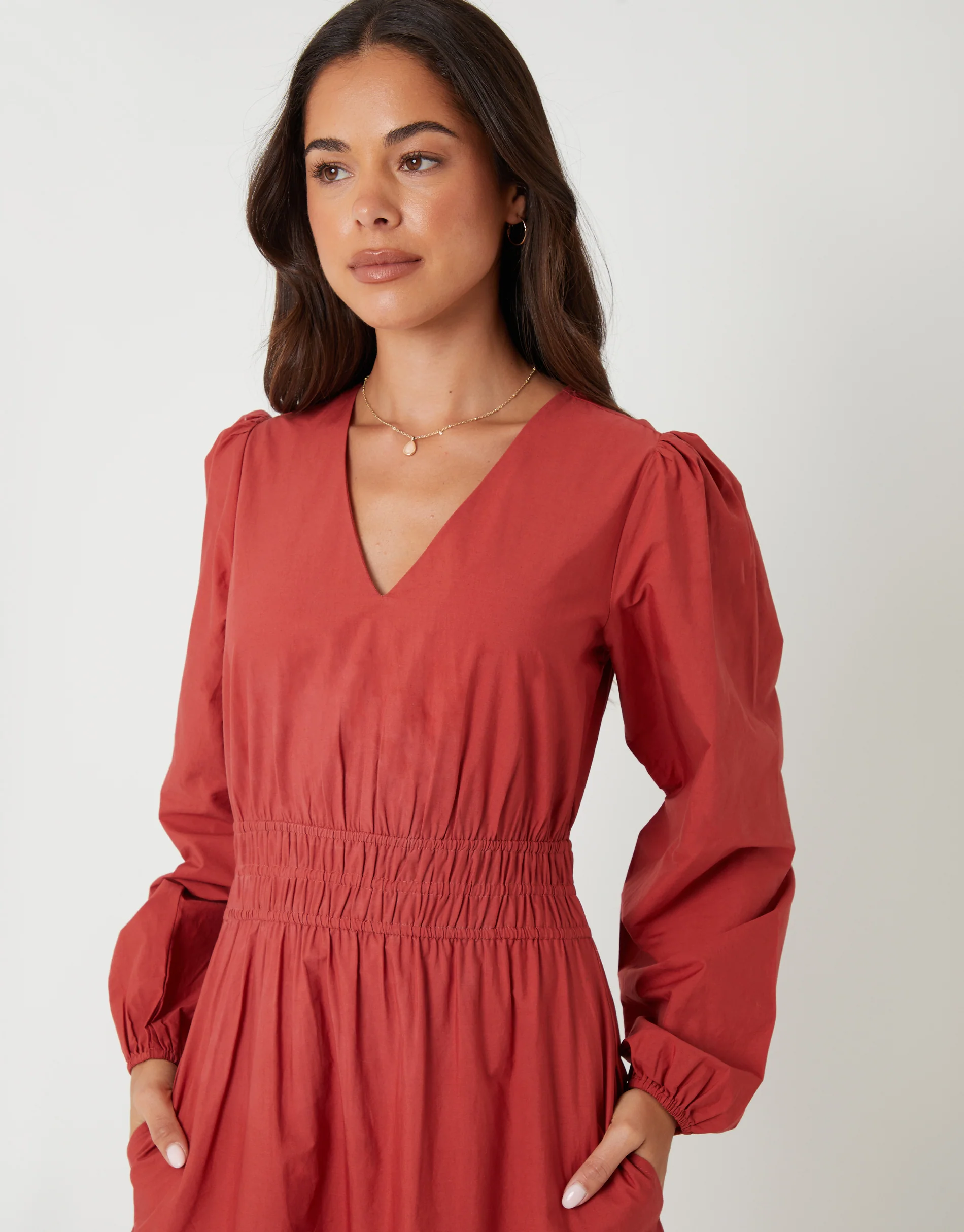 Shirred Waist Long Sleeve Poplin Midaxi Dress in Rust Orange - Image 4