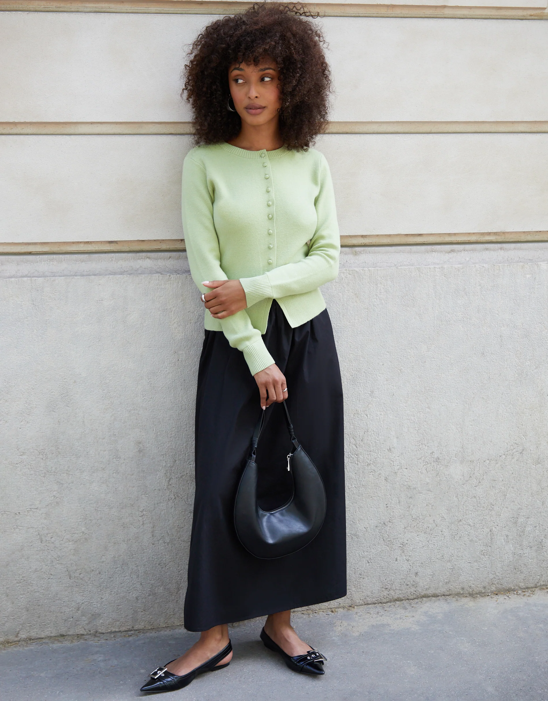 Crew Neck Compact Knitted Cardigan in Sage Green - Image 5