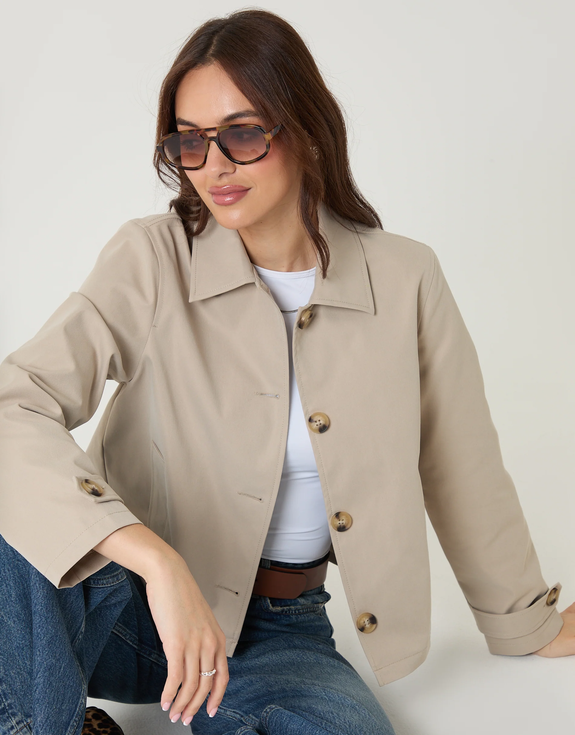 Cropped Collared Trench Coat in Stone