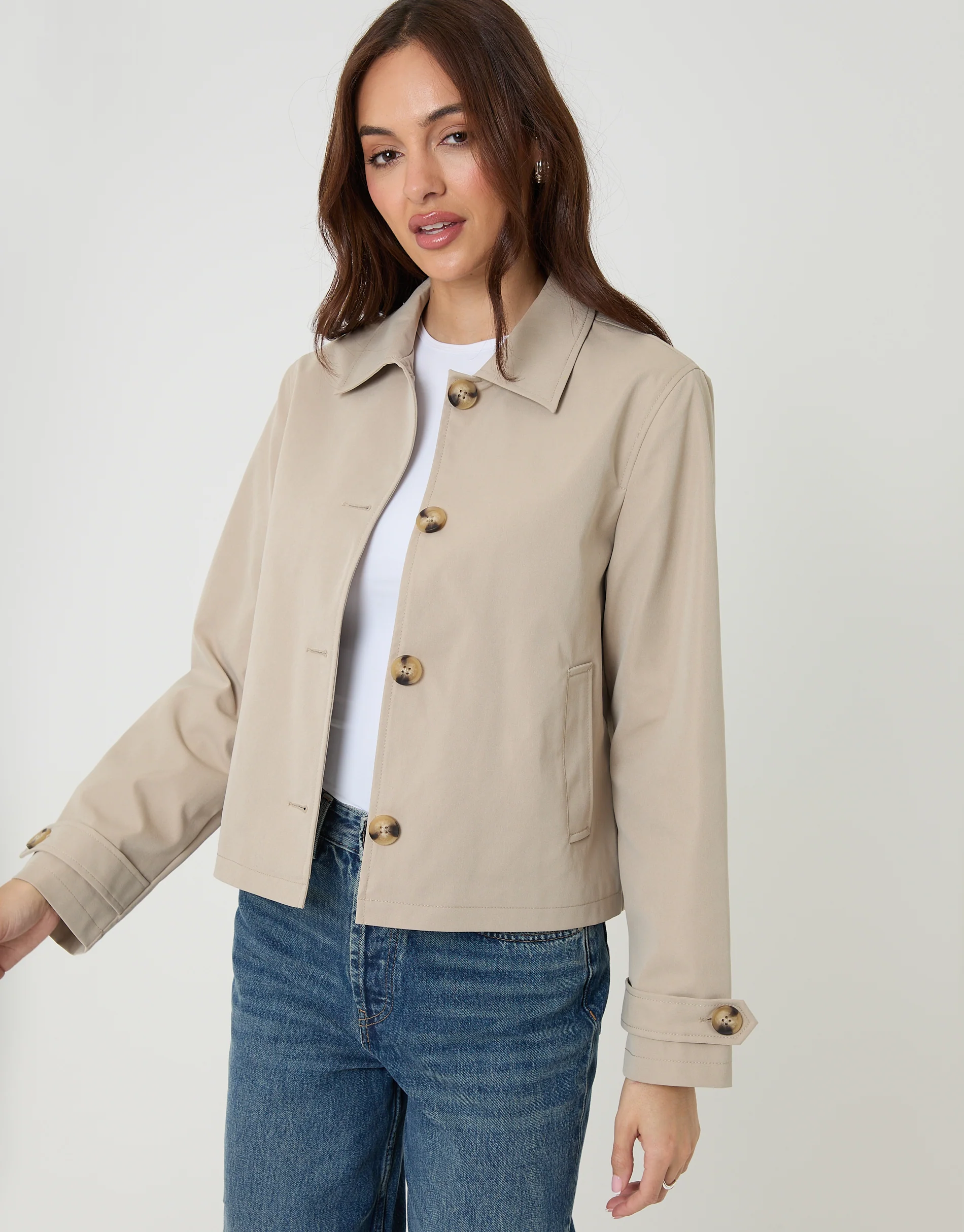 Cropped Collared Trench Coat in Stone - Image 6