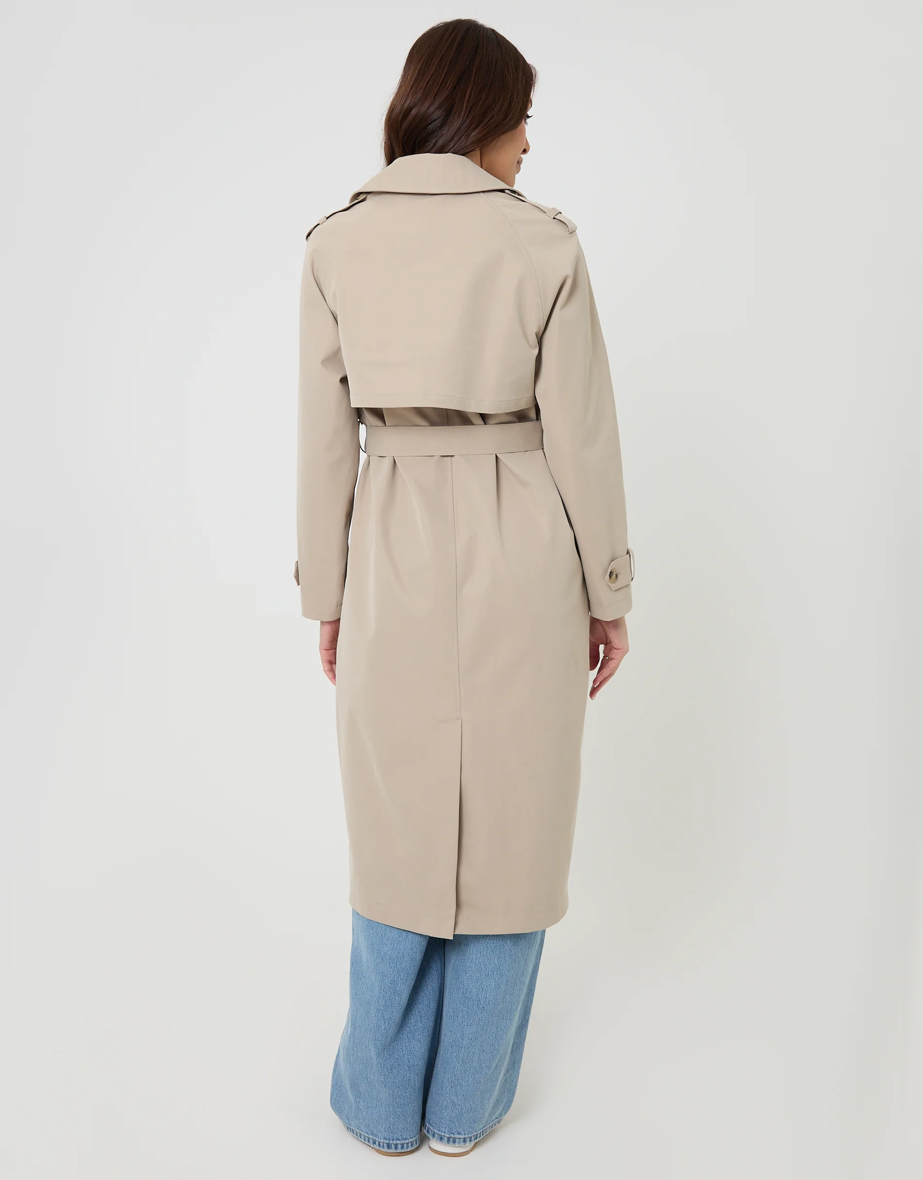 Double Breasted Longline Trench Coat in Stone - Image 3