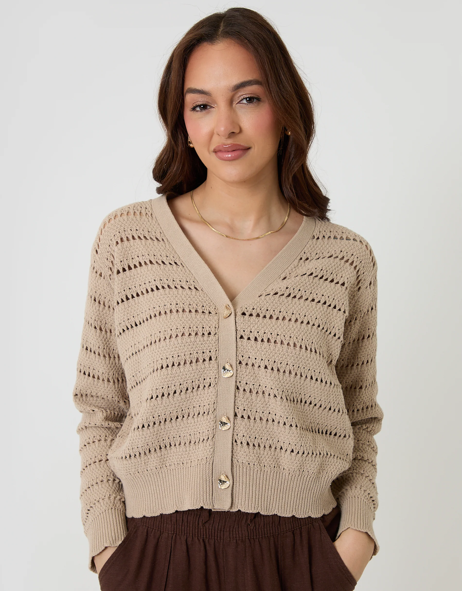 Pointelle Knit V-Neck Cardigan in Stone