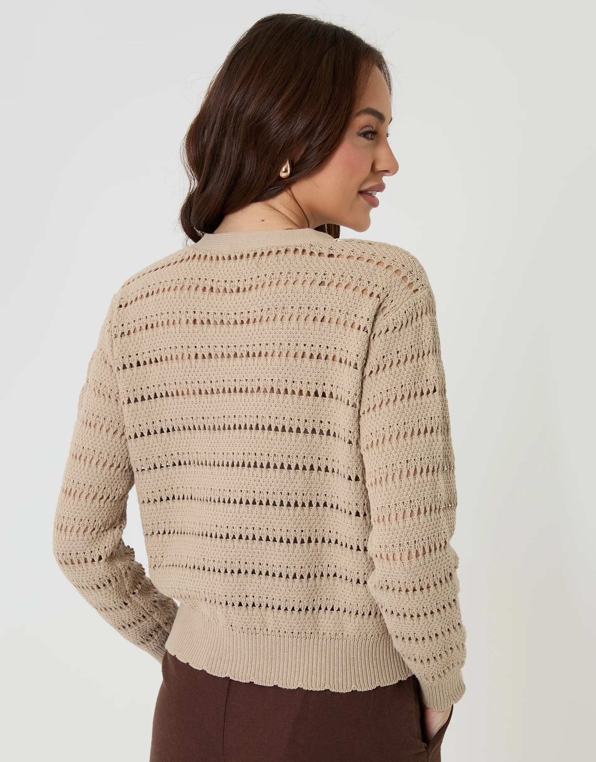 Pointelle Knit V-Neck Cardigan in Stone - Image 2