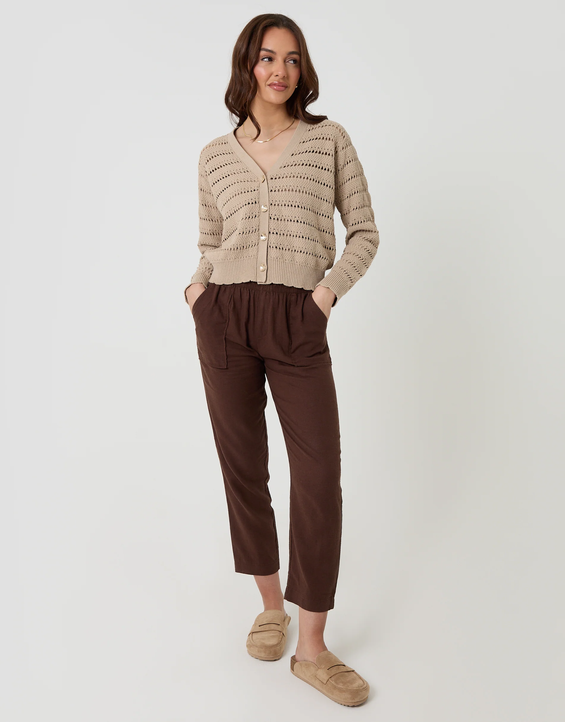 Pointelle Knit V-Neck Cardigan in Stone - Image 3