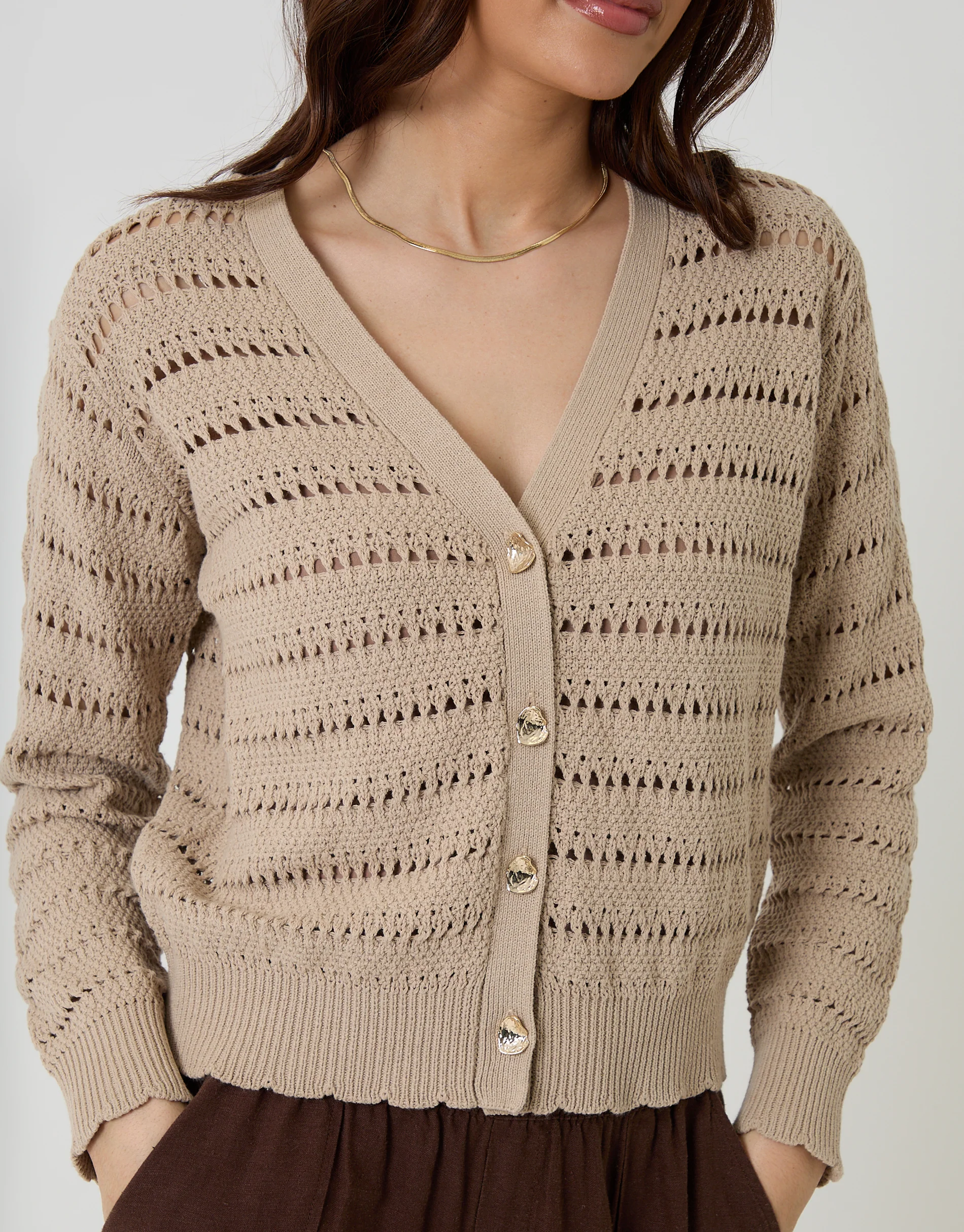 Pointelle Knit V-Neck Cardigan in Stone - Image 4