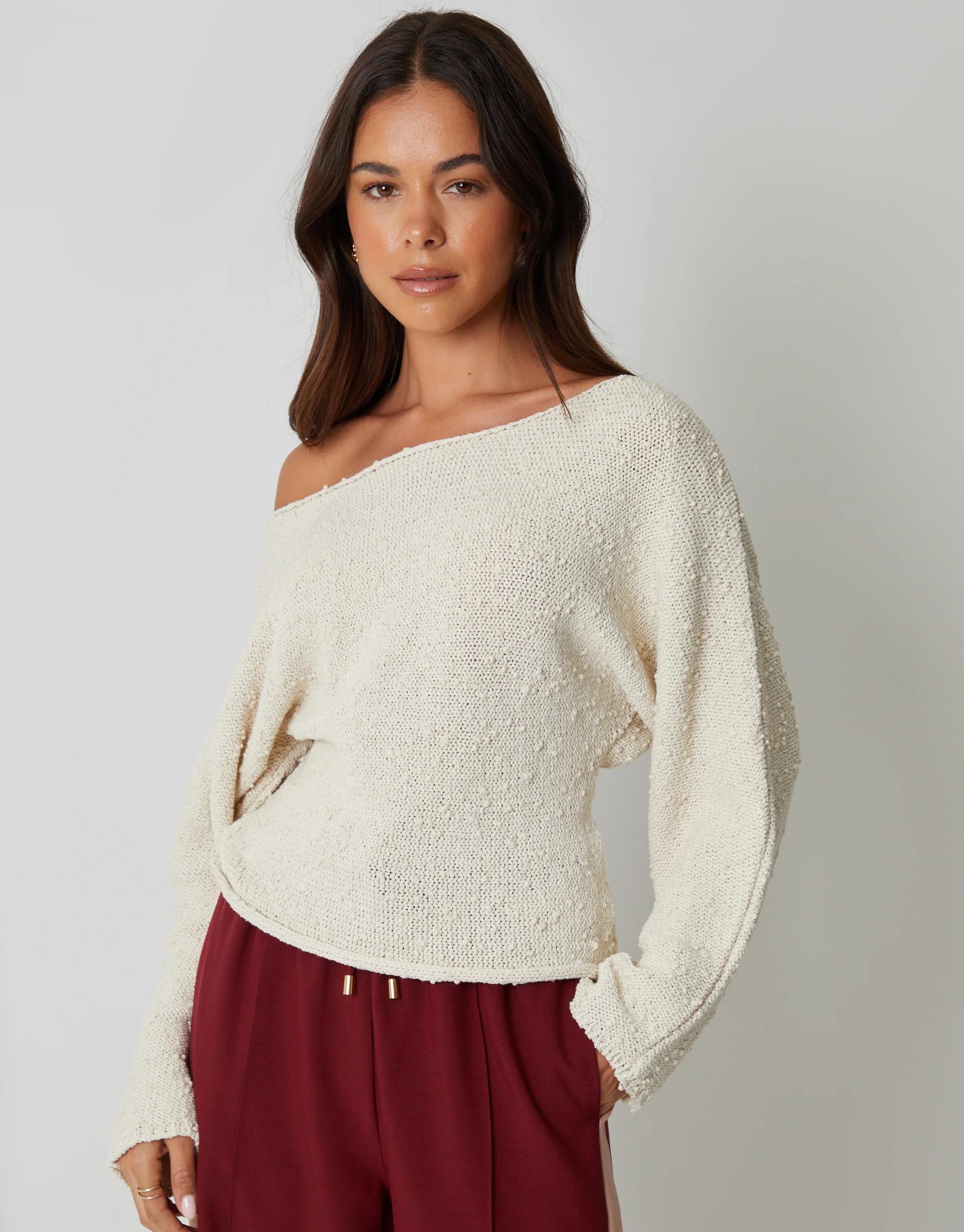Popcorn Knit Slash Neck Jumper in Stone - Image 3