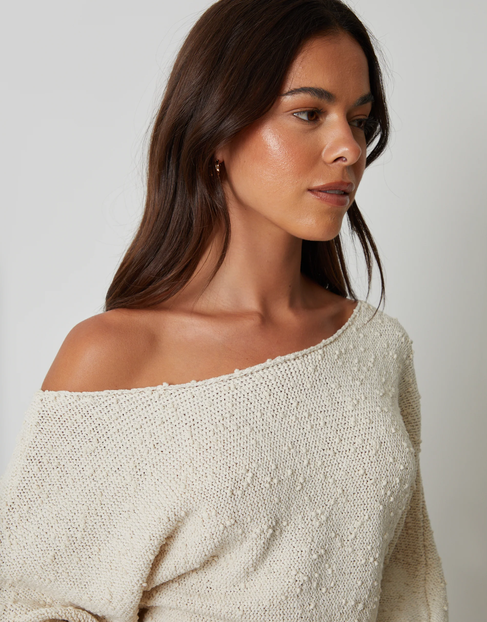 Popcorn Knit Slash Neck Jumper in Stone - Image 4