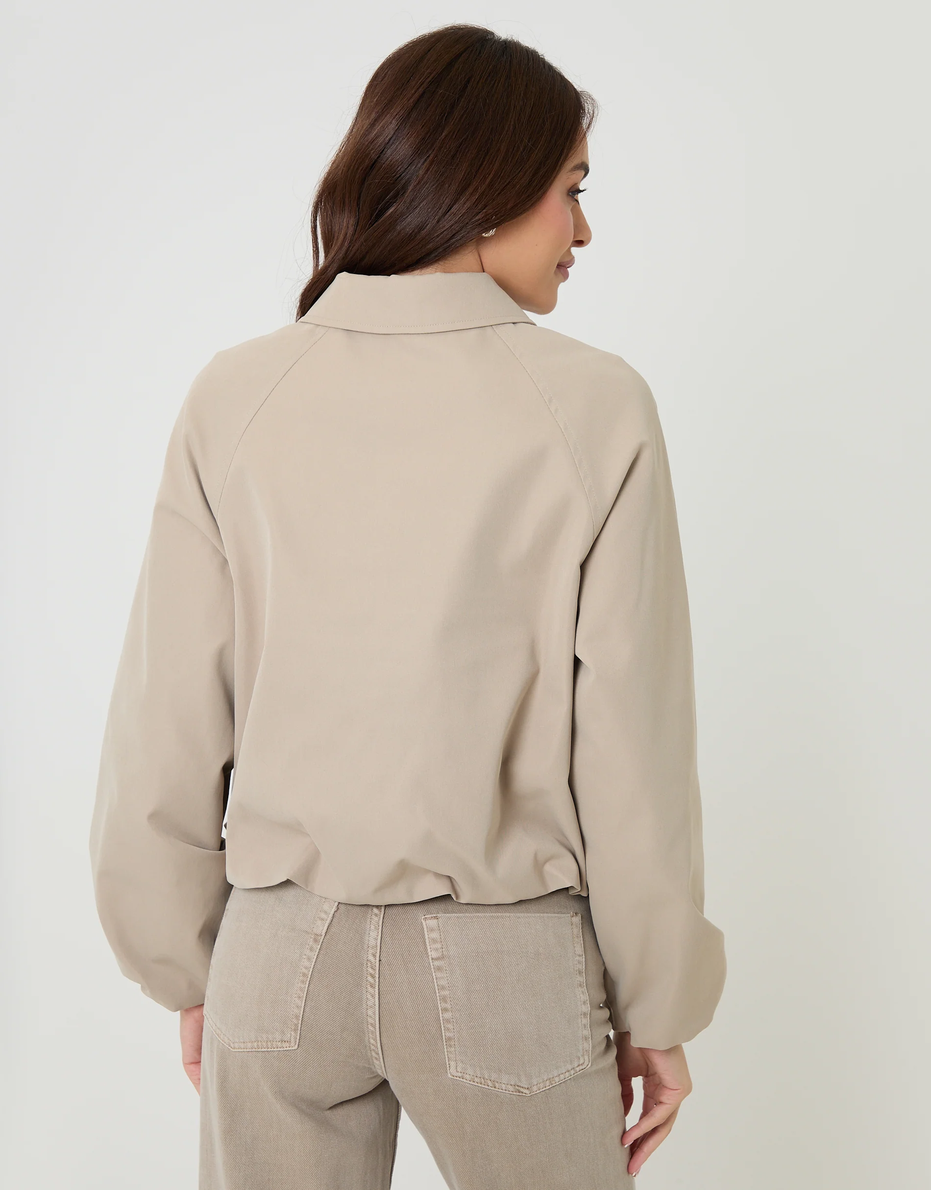 Zip Up Bubble Bomber Jacket with Collar in Stone - Image 2