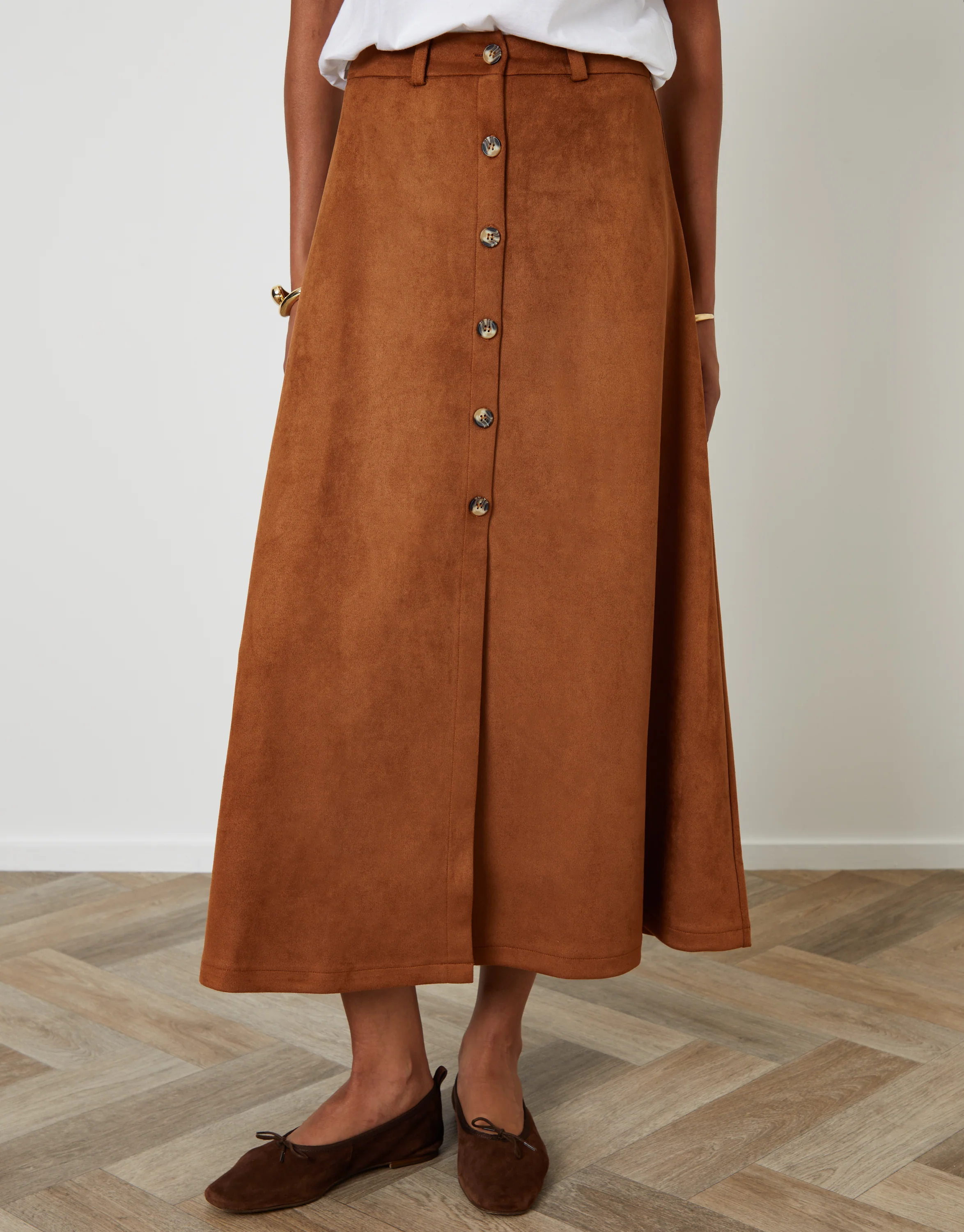 Button Front Suedette Skirt in Tan Brown - Image 2