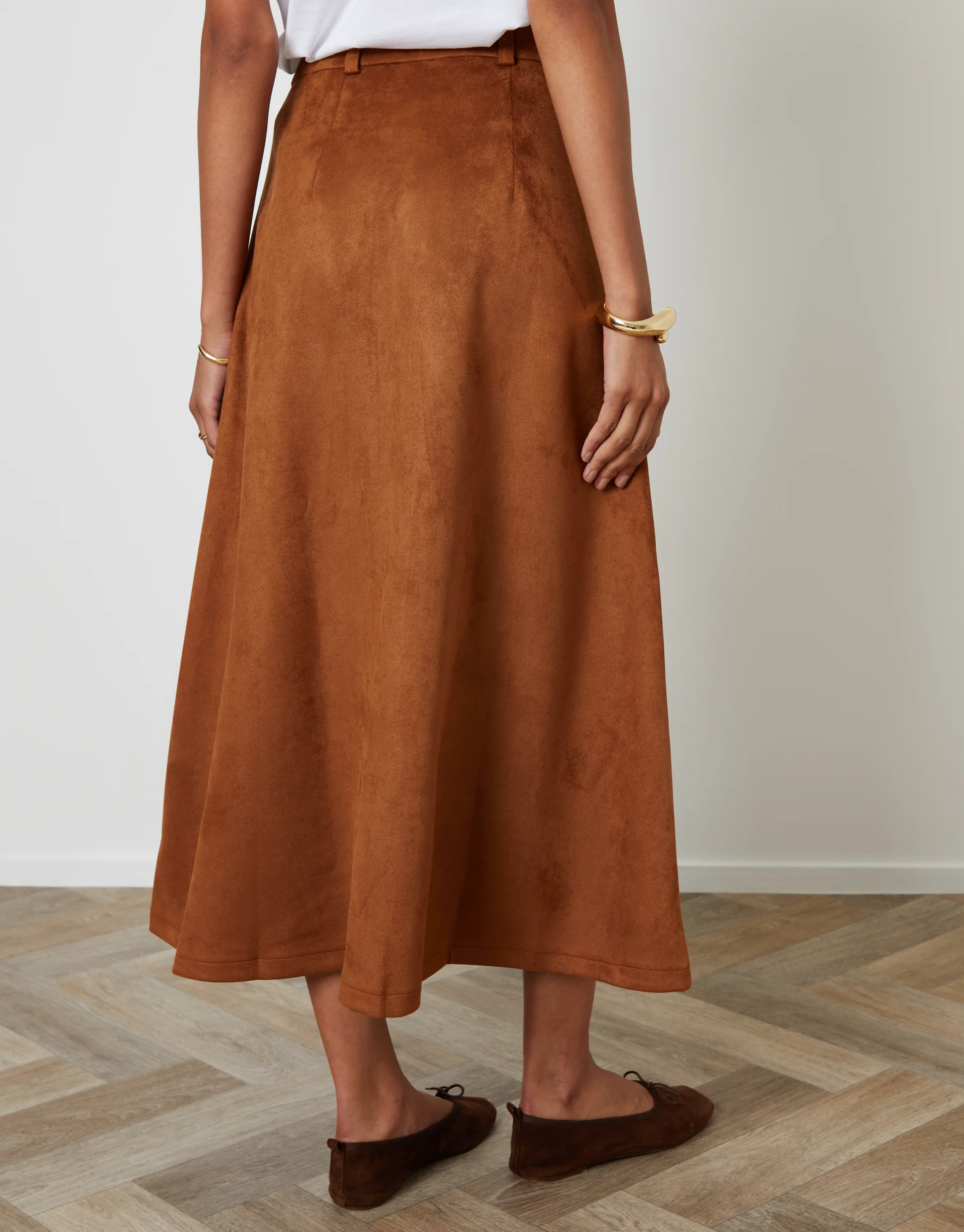 Button Front Suedette Skirt in Tan Brown - Image 3