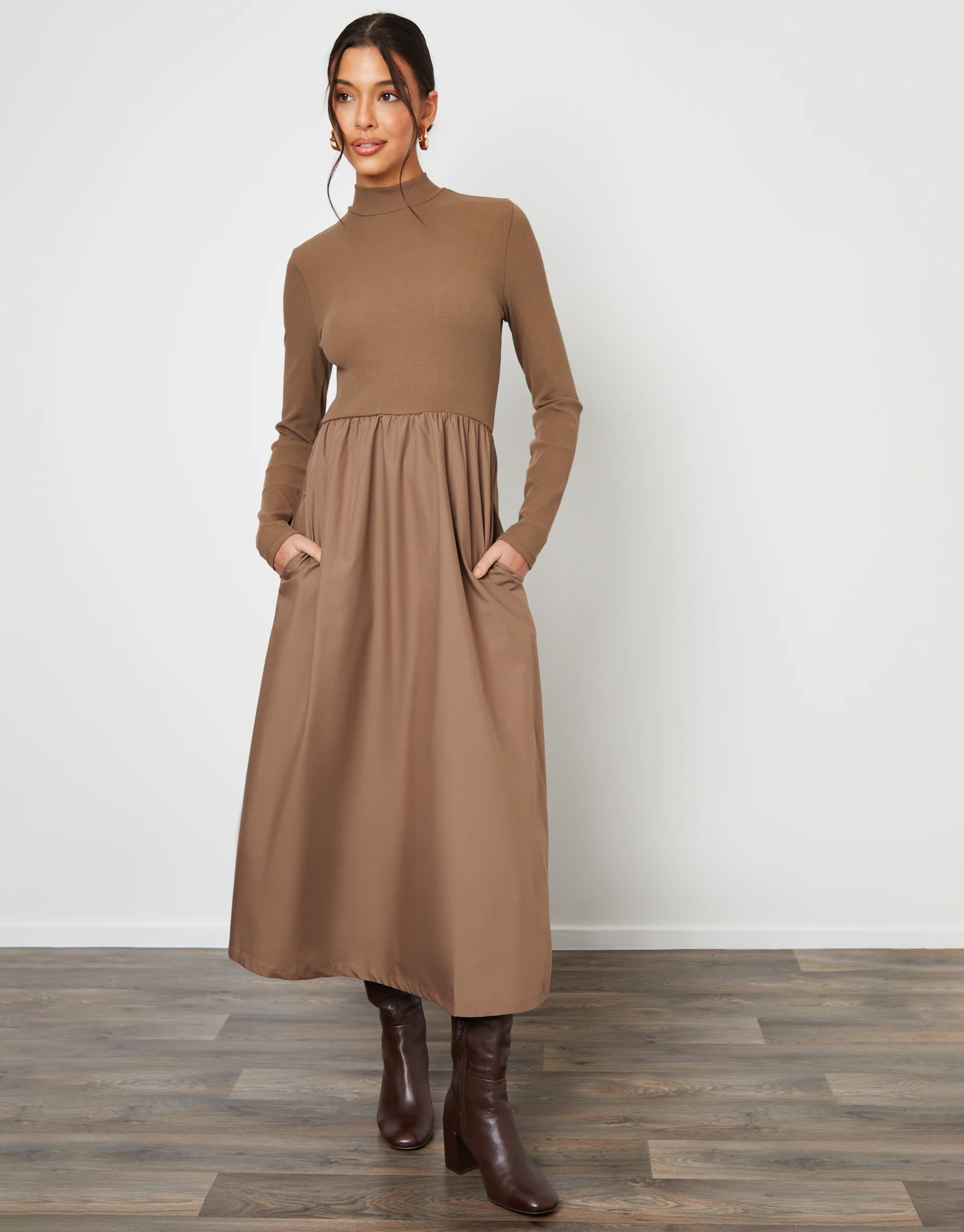 High Neck 2-in-1 Jersey Poplin Mix Midi Dress in Taupe