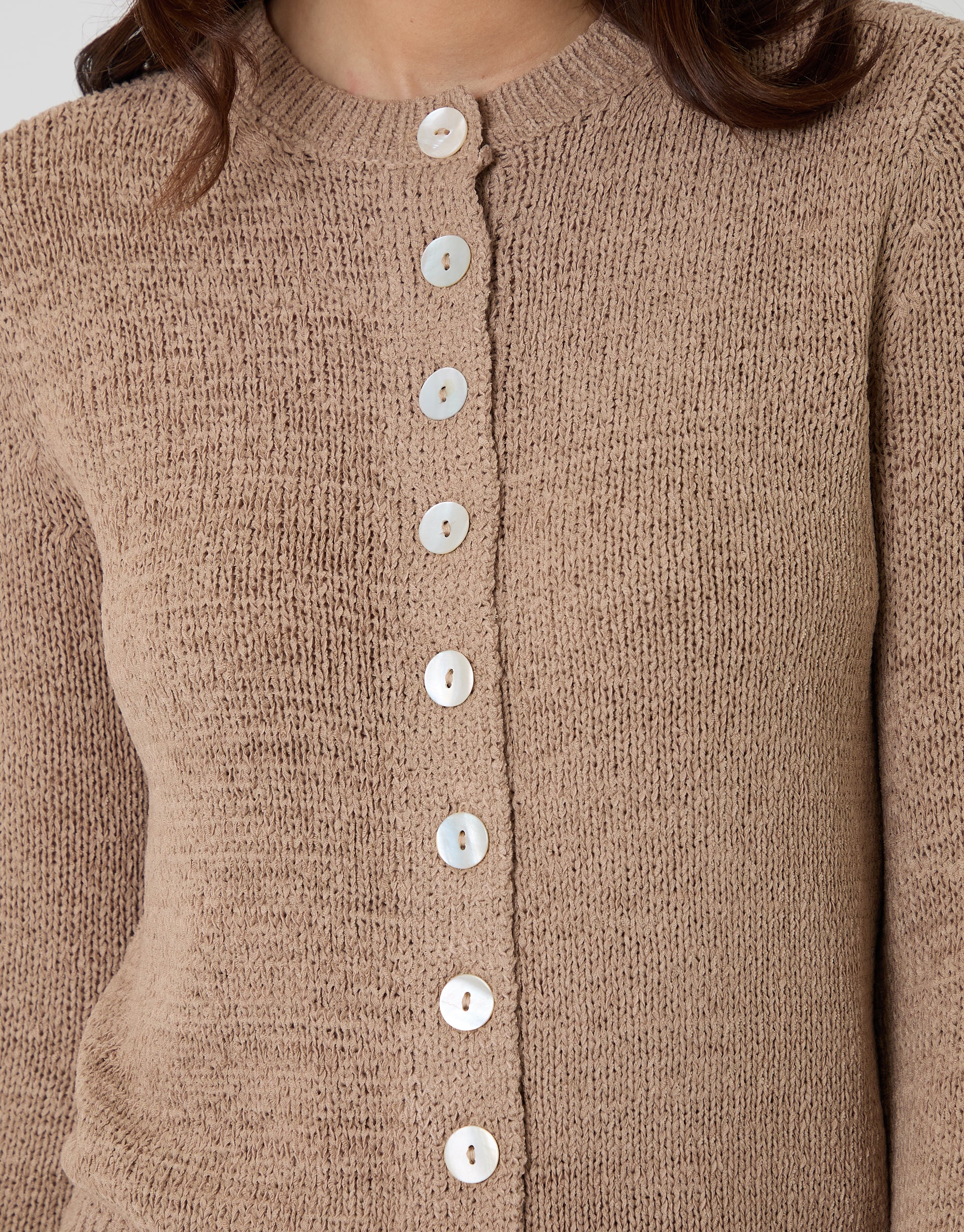 Knitted Yarn Crew Neck Cardigan in Taupe - Image 4