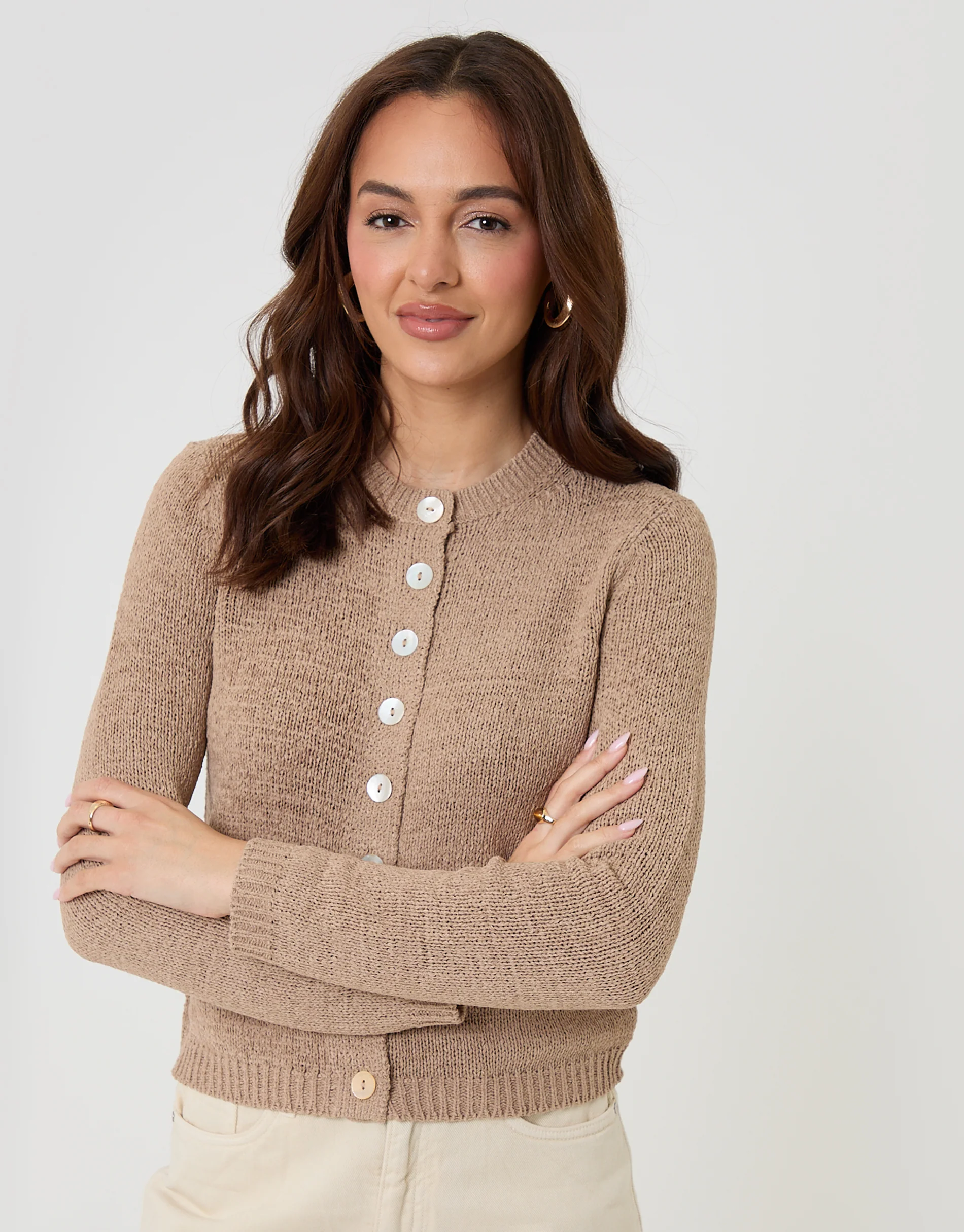 Knitted Yarn Crew Neck Cardigan in Taupe - Image 5