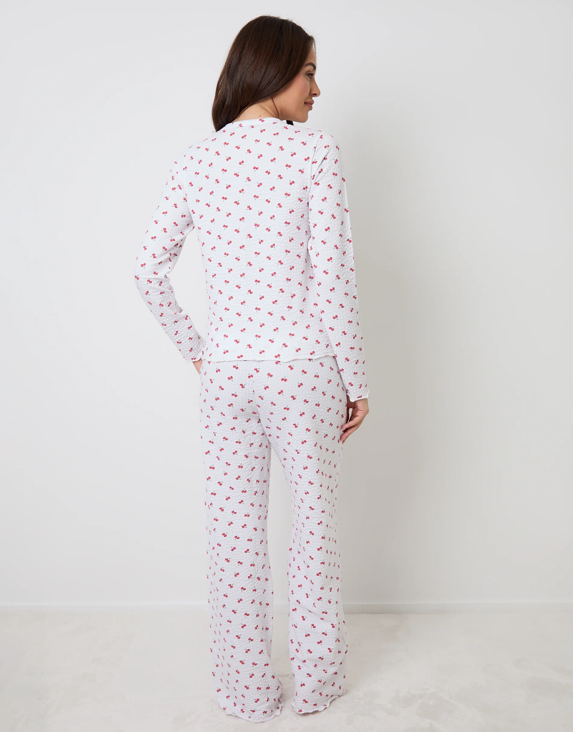 Cherry Print Lettuce Hem Pyjama Set in White - Image 3