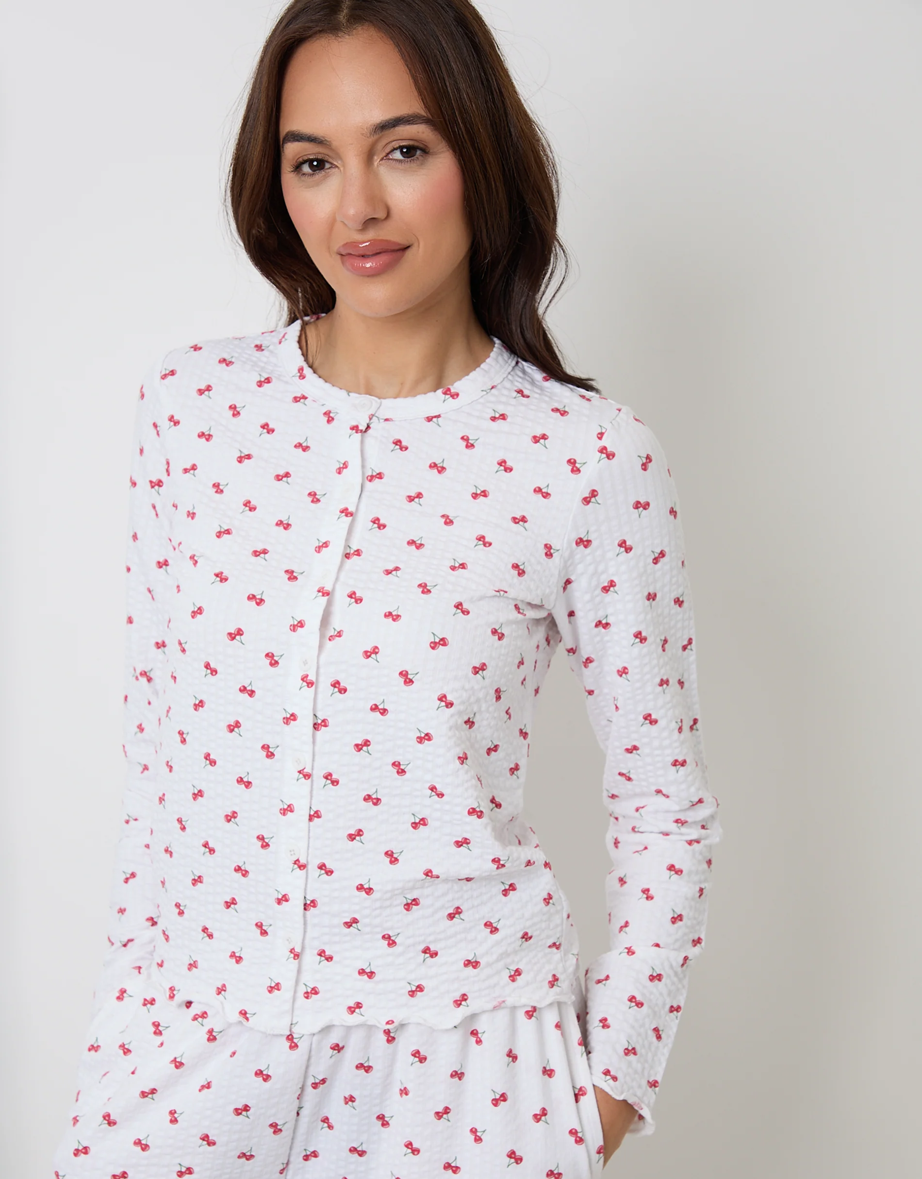 Cherry Print Lettuce Hem Pyjama Set in White - Image 4