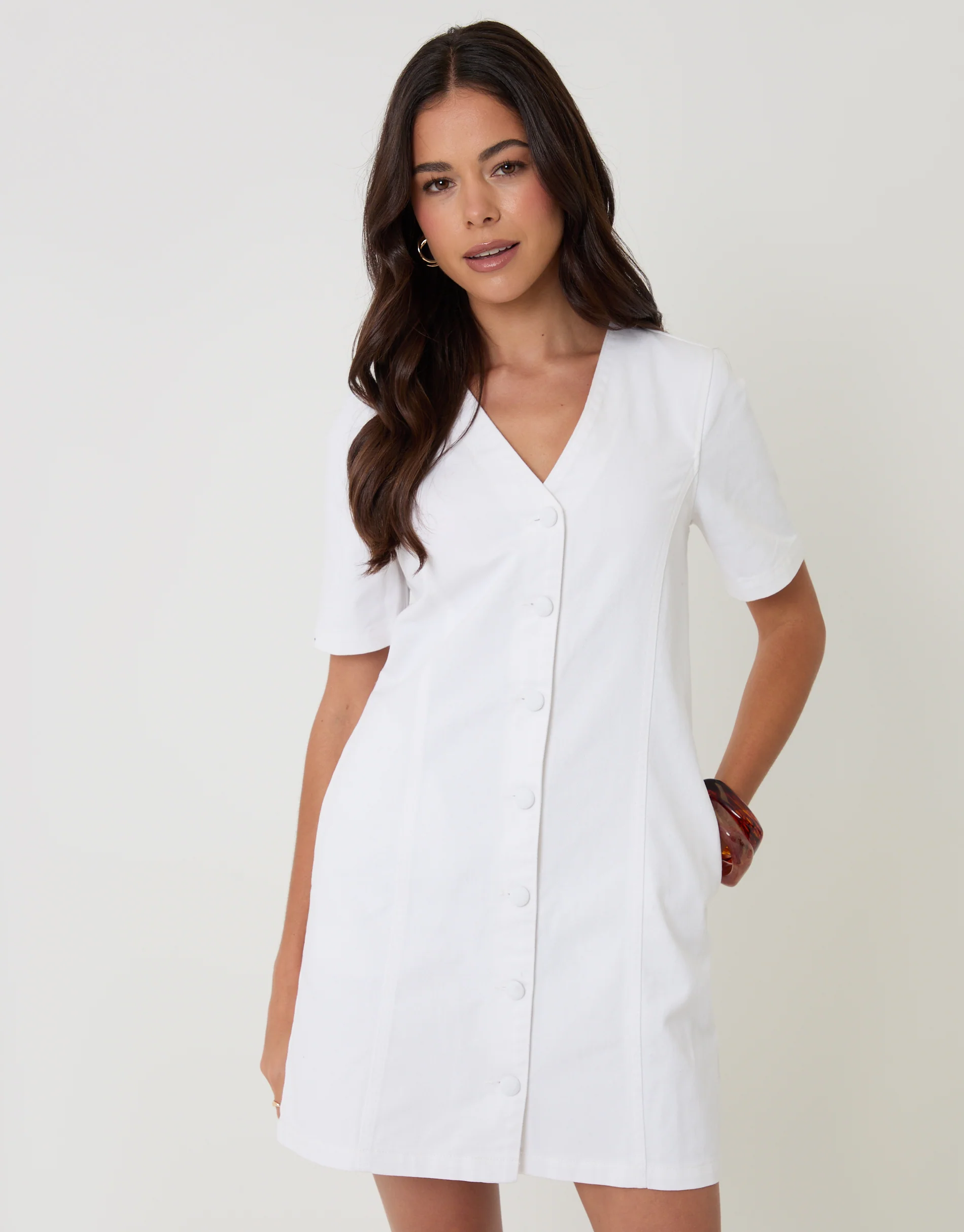 Denim Button Up Mini Dress in White