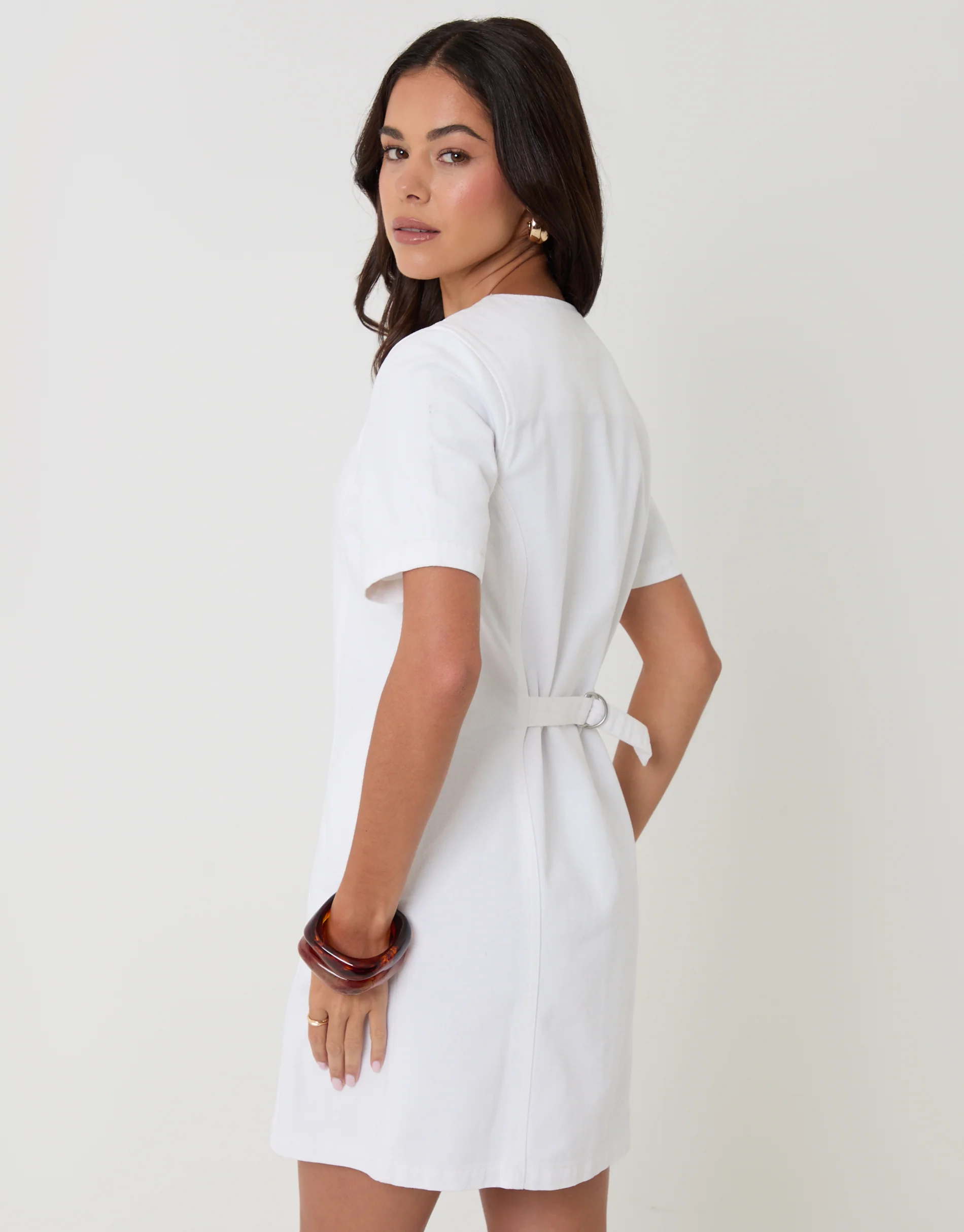 Denim Button Up Mini Dress in White - Image 2