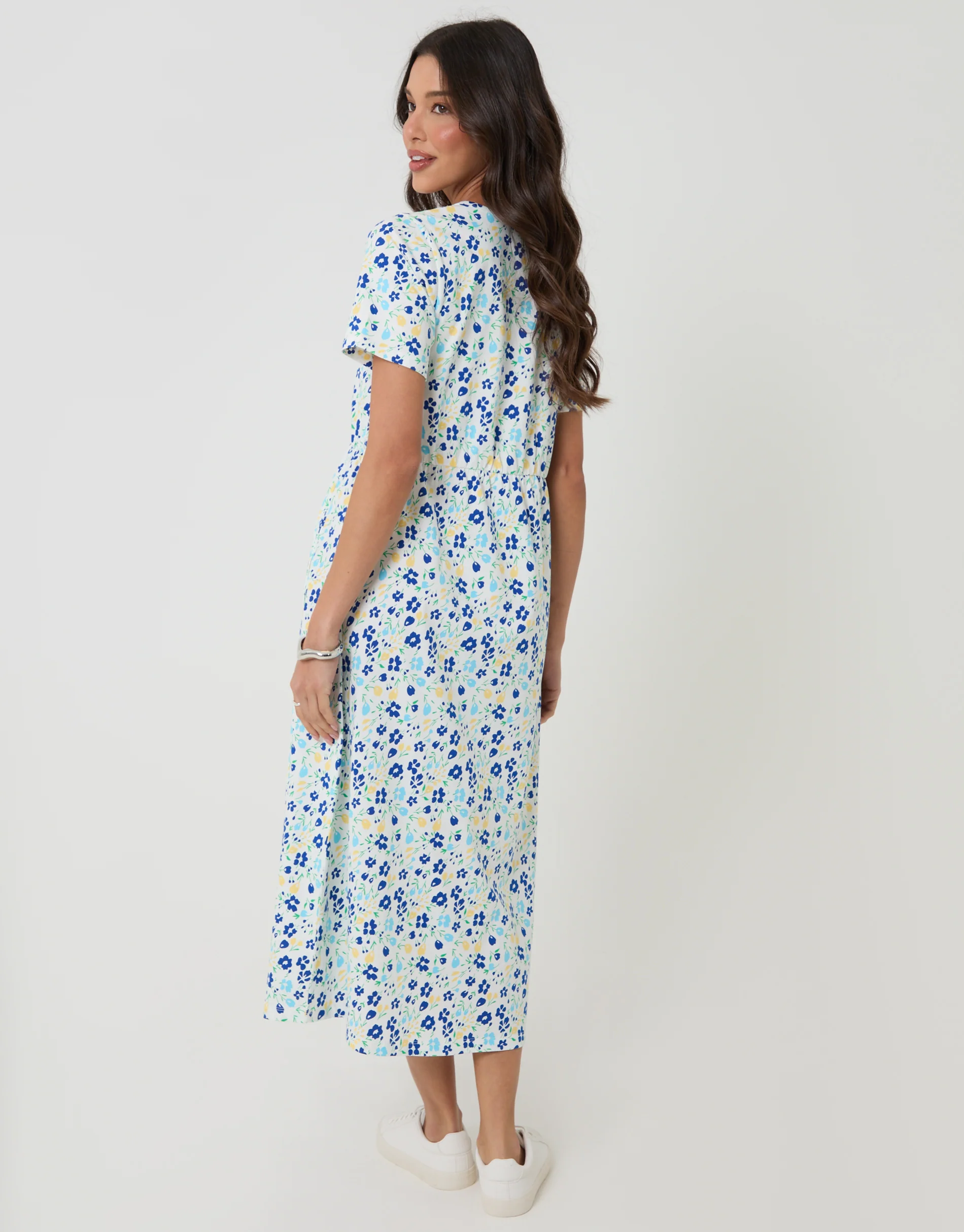 Jersey Midi Smock Dress with Pockets in White Floral - Image 4